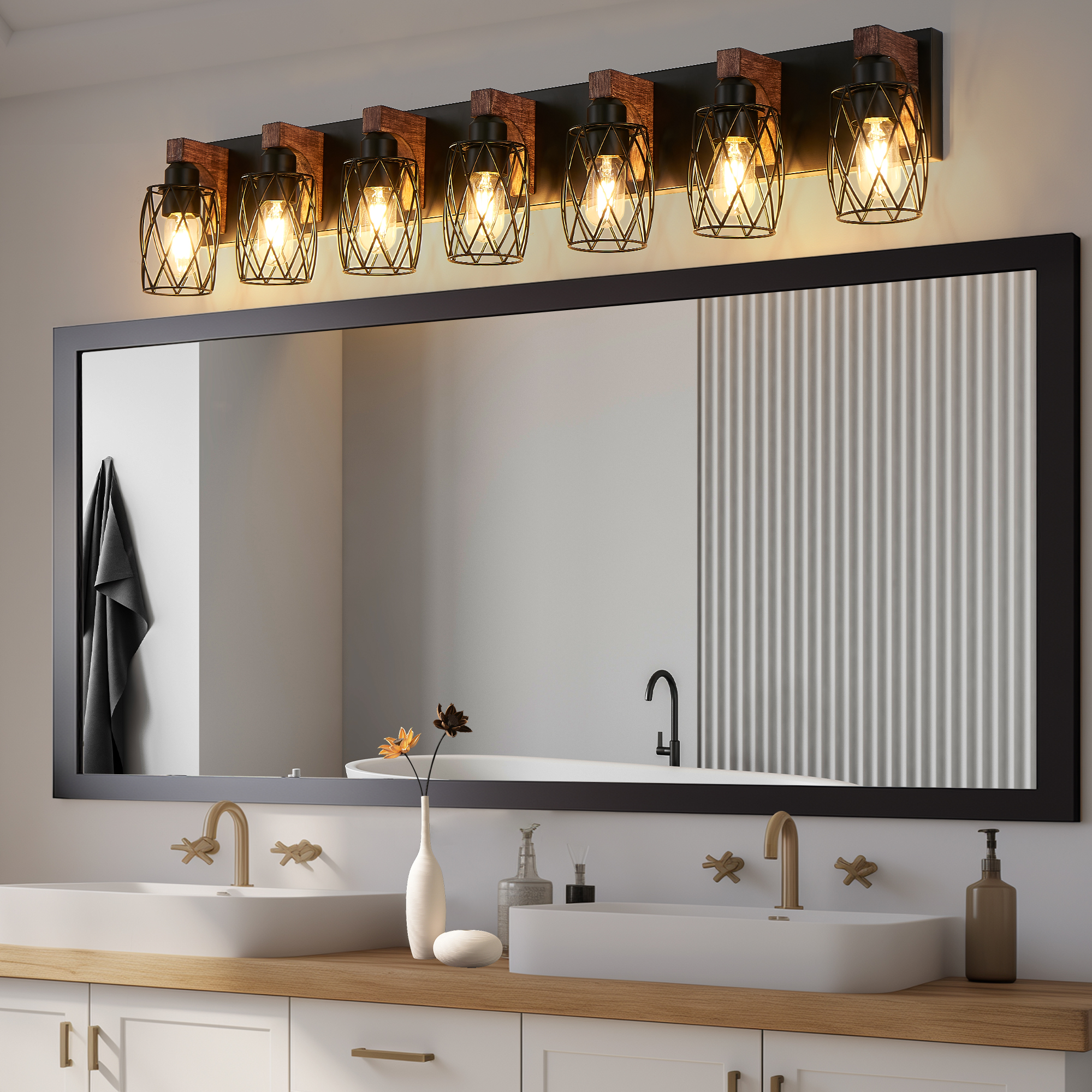Industrial Vintage 7-Light Wall Sconce - Black Cage Wall Lighting Fixture with Wooden Accents for Bathroom, Hallway, or Living Room (Bulb Not Included) - Image 4