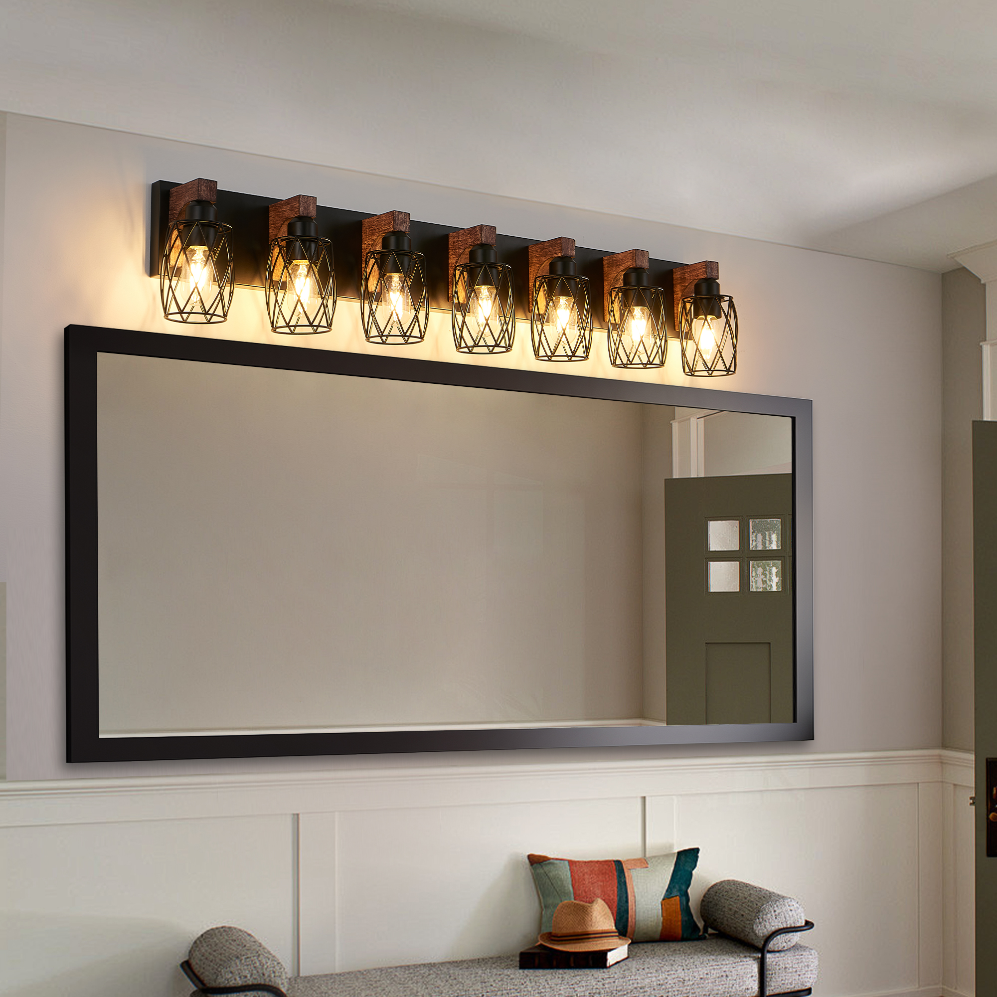 Industrial Vintage 7-Light Wall Sconce - Black Cage Wall Lighting Fixture with Wooden Accents for Bathroom, Hallway, or Living Room (Bulb Not Included) - Image 5