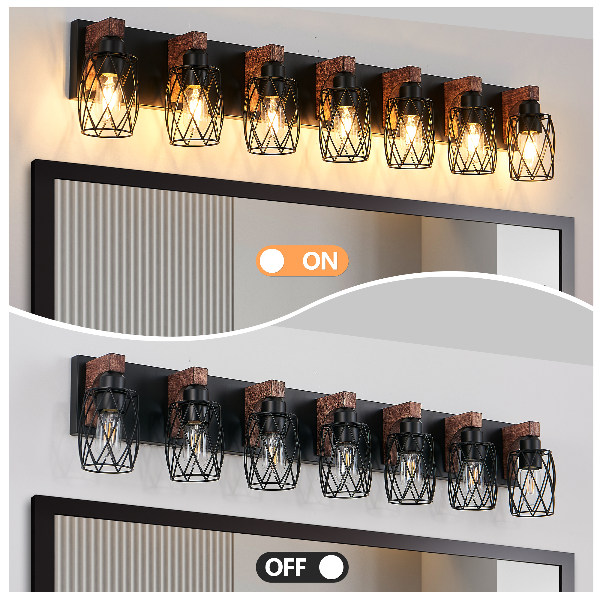 Industrial Vintage 7-Light Wall Sconce - Black Cage Wall Lighting Fixture with Wooden Accents for Bathroom, Hallway, or Living Room (Bulb Not Included) - Image 6