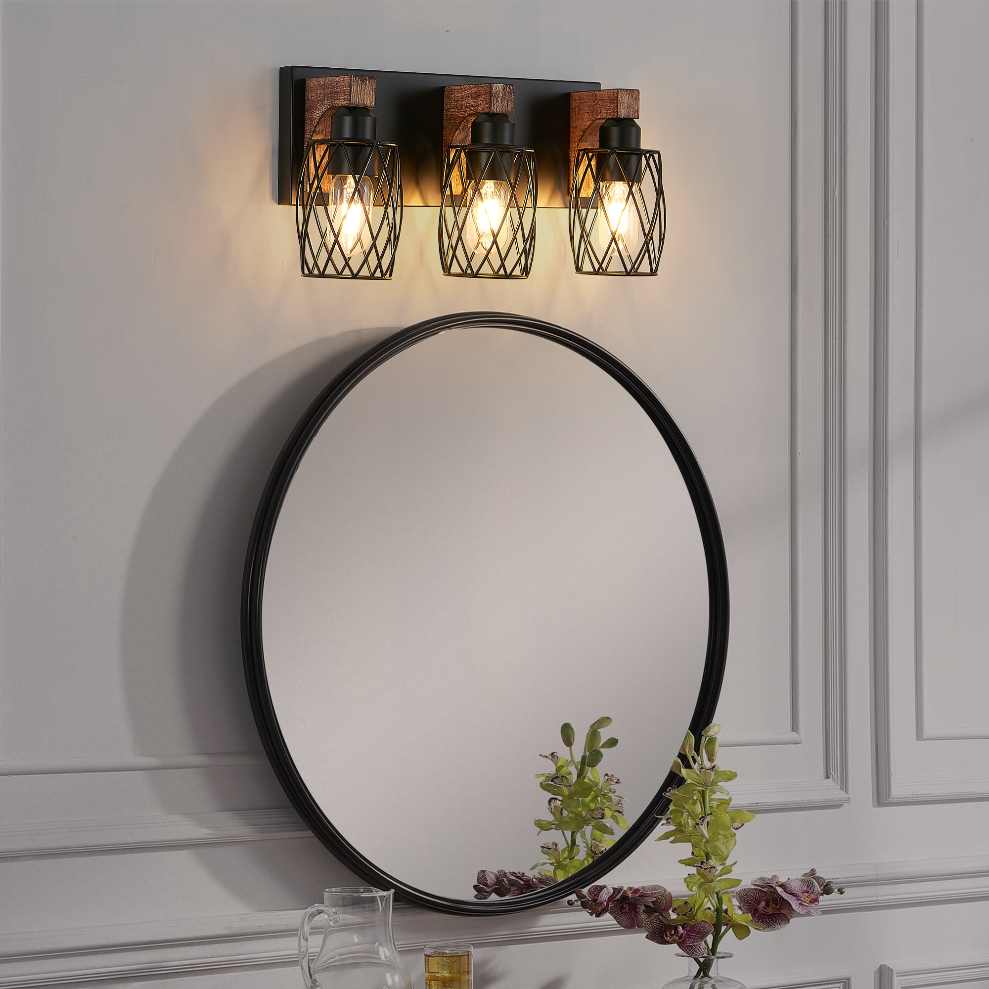 18" Industrial Vintage 3-Light Wall Sconce - Black Cage Wall Lighting Fixture with Wooden Accents for Bathroom, Hallway, or Living Room (Bulb Not Included) - Image 2