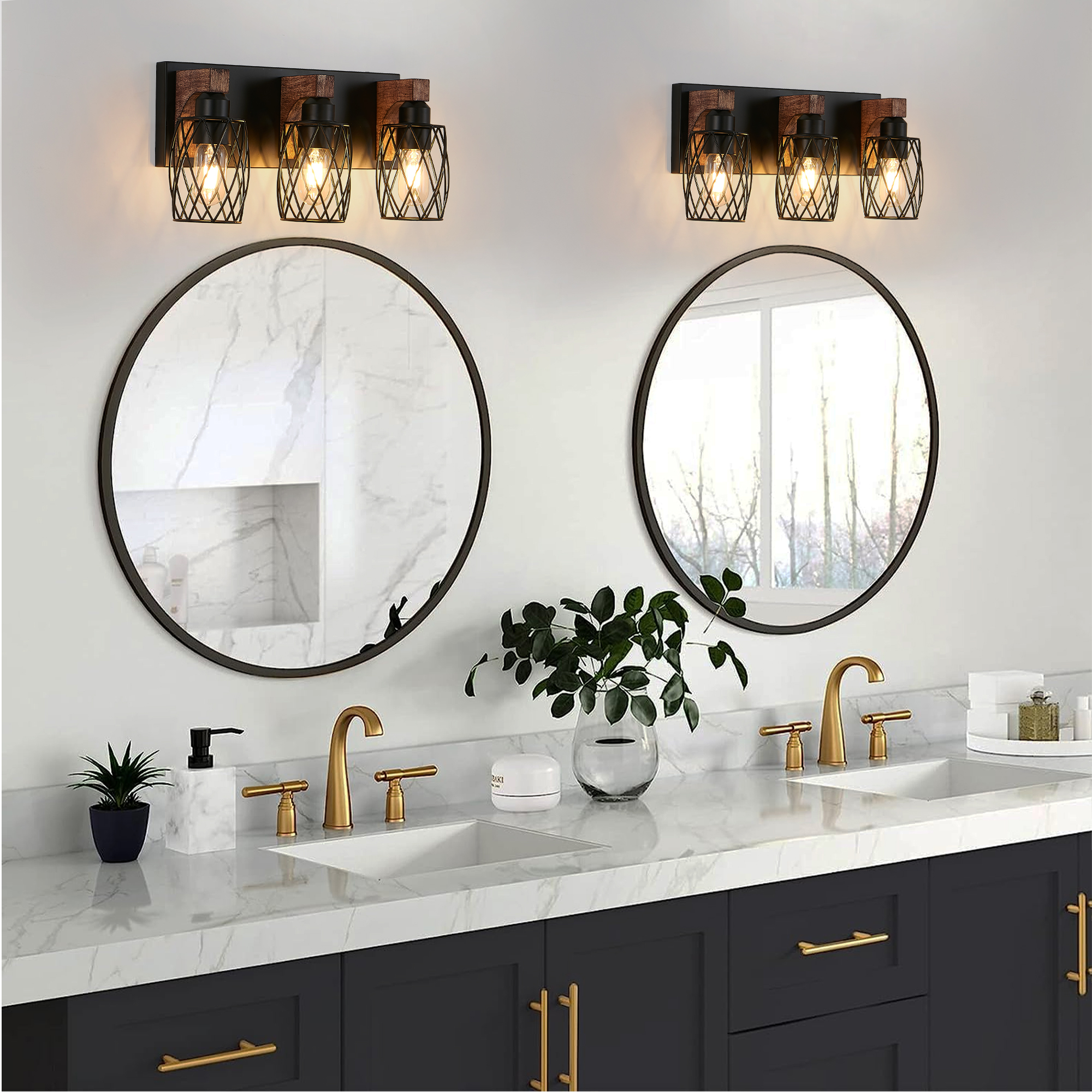 18" Industrial Vintage 3-Light Wall Sconce - Black Cage Wall Lighting Fixture with Wooden Accents for Bathroom, Hallway, or Living Room (Bulb Not Included) - Image 3