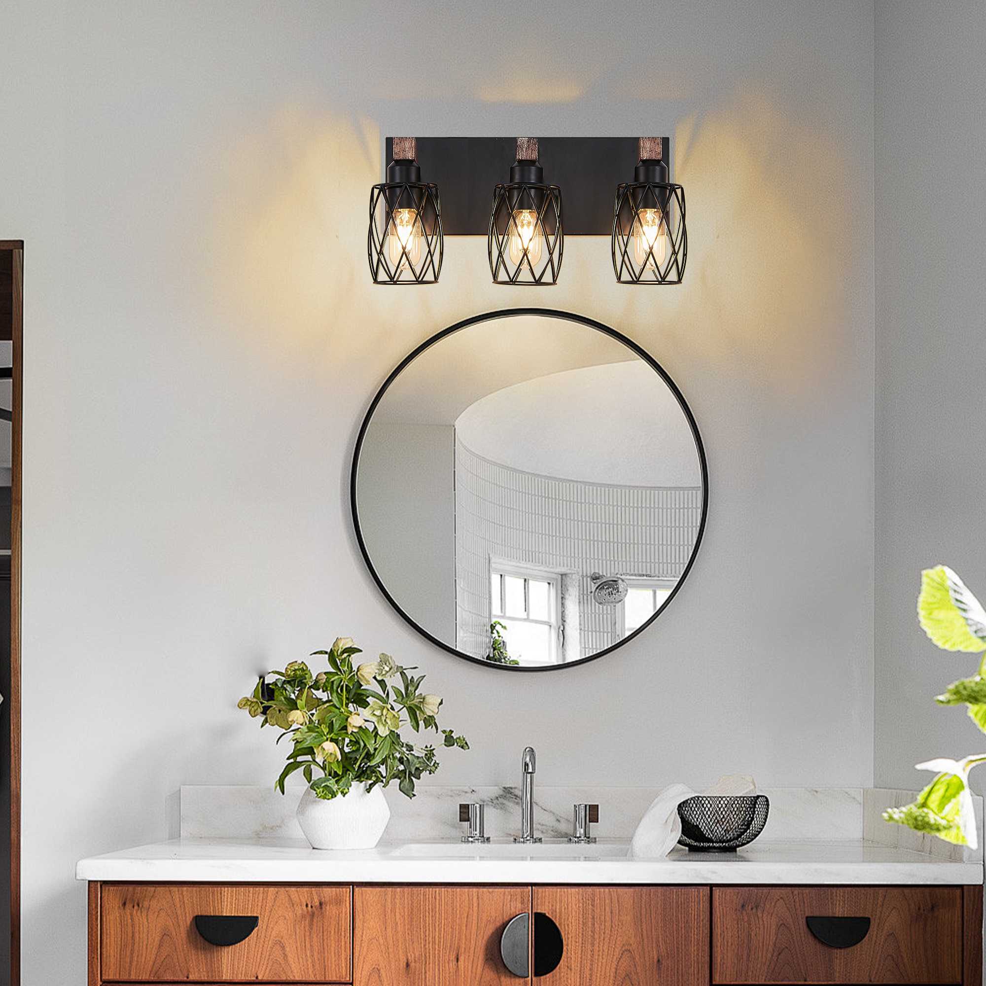 18" Industrial Vintage 3-Light Wall Sconce - Black Cage Wall Lighting Fixture with Wooden Accents for Bathroom, Hallway, or Living Room (Bulb Not Included) - Image 4