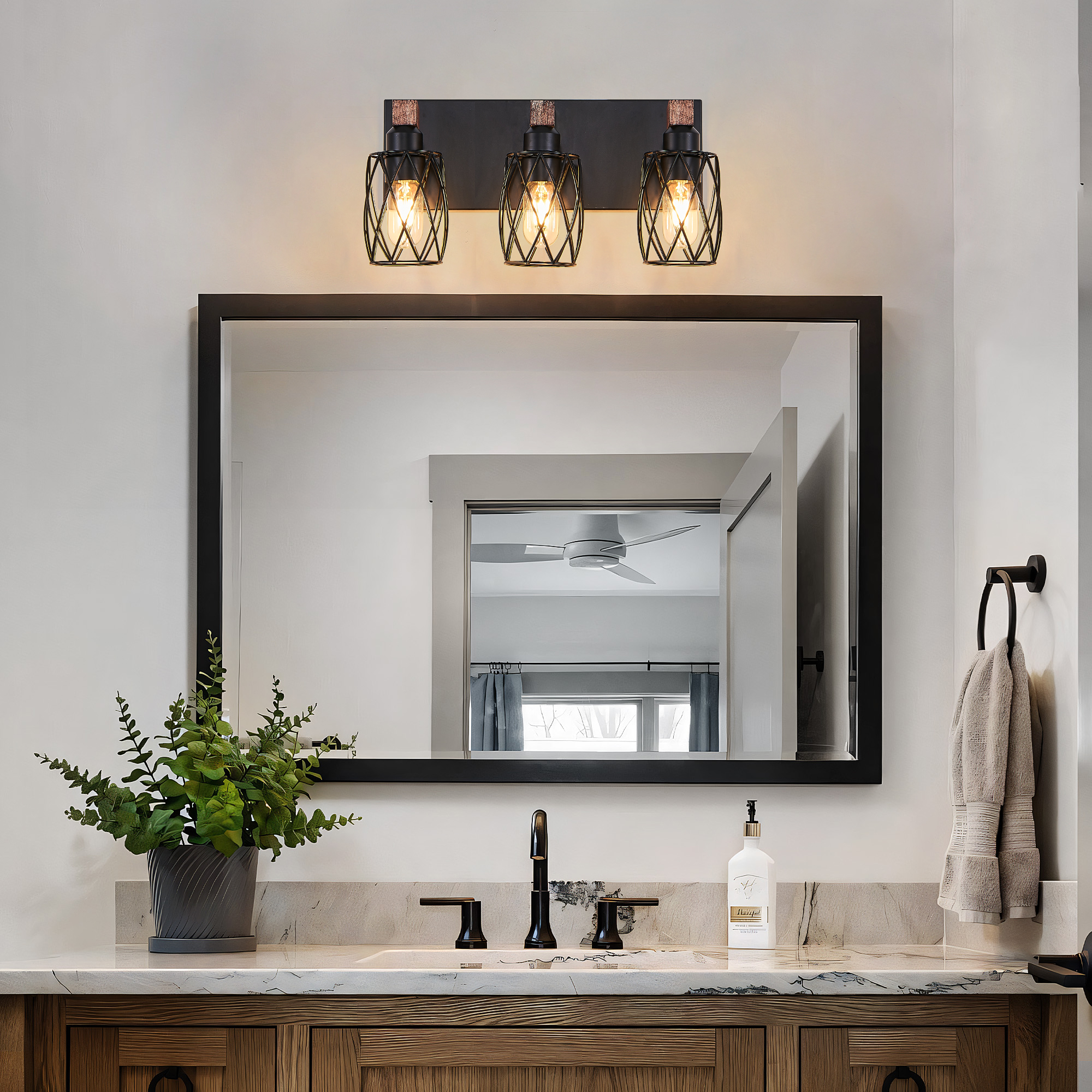 18" Industrial Vintage 3-Light Wall Sconce - Black Cage Wall Lighting Fixture with Wooden Accents for Bathroom, Hallway, or Living Room (Bulb Not Included) - Image 5