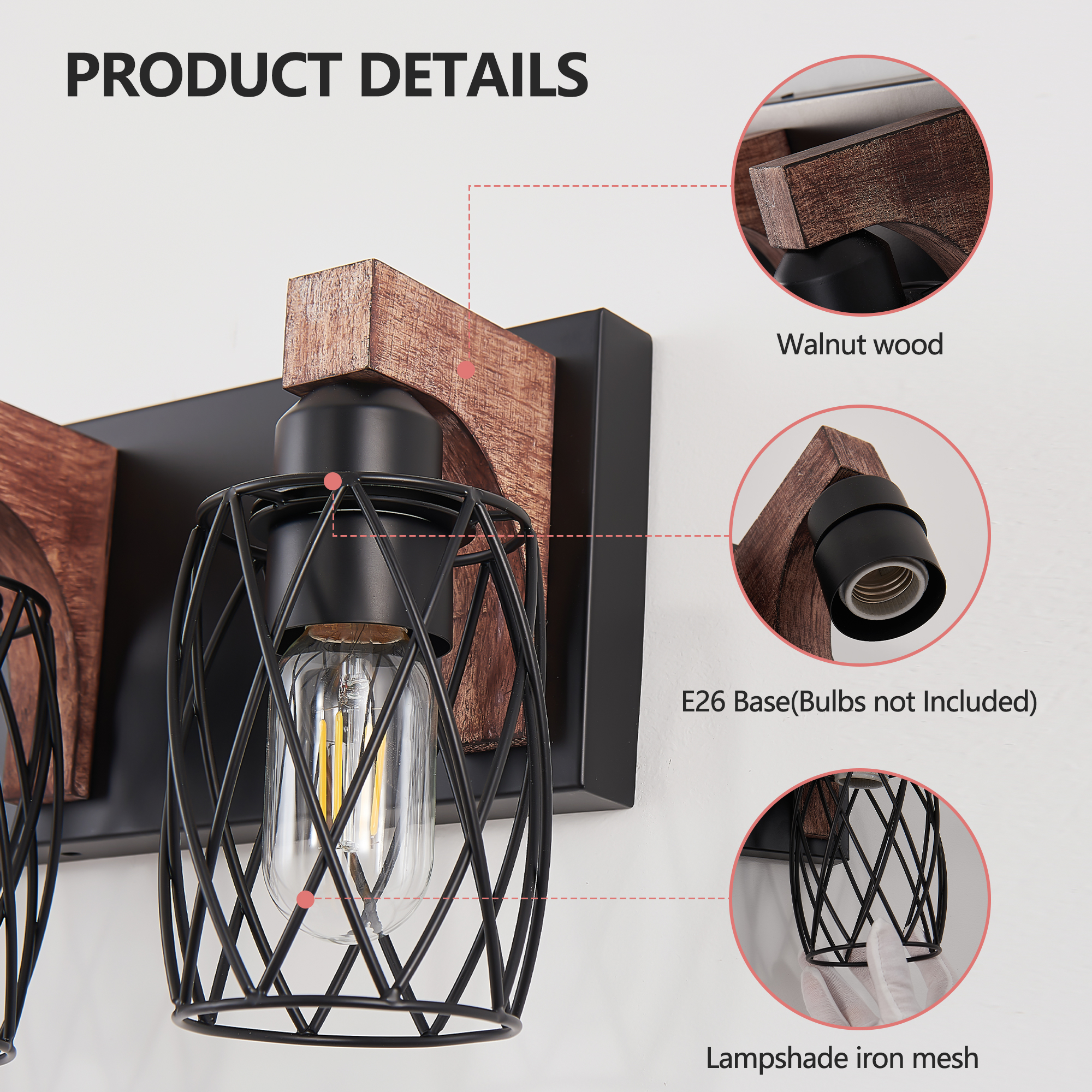 18" Industrial Vintage 3-Light Wall Sconce - Black Cage Wall Lighting Fixture with Wooden Accents for Bathroom, Hallway, or Living Room (Bulb Not Included) - Image 6