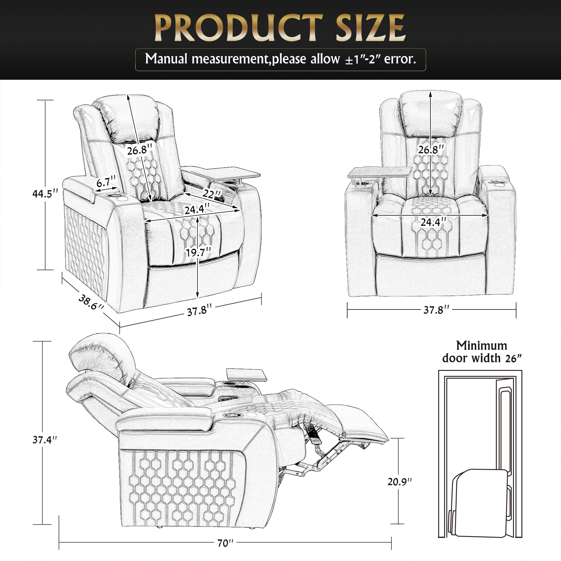 37.8"Power Recliner 1 PC Made WithTop-Grain Nappa,Fully Adjustable Relaxation,Smart Charging,Dynamic RGB LED Lighting,BLACK - Image 4