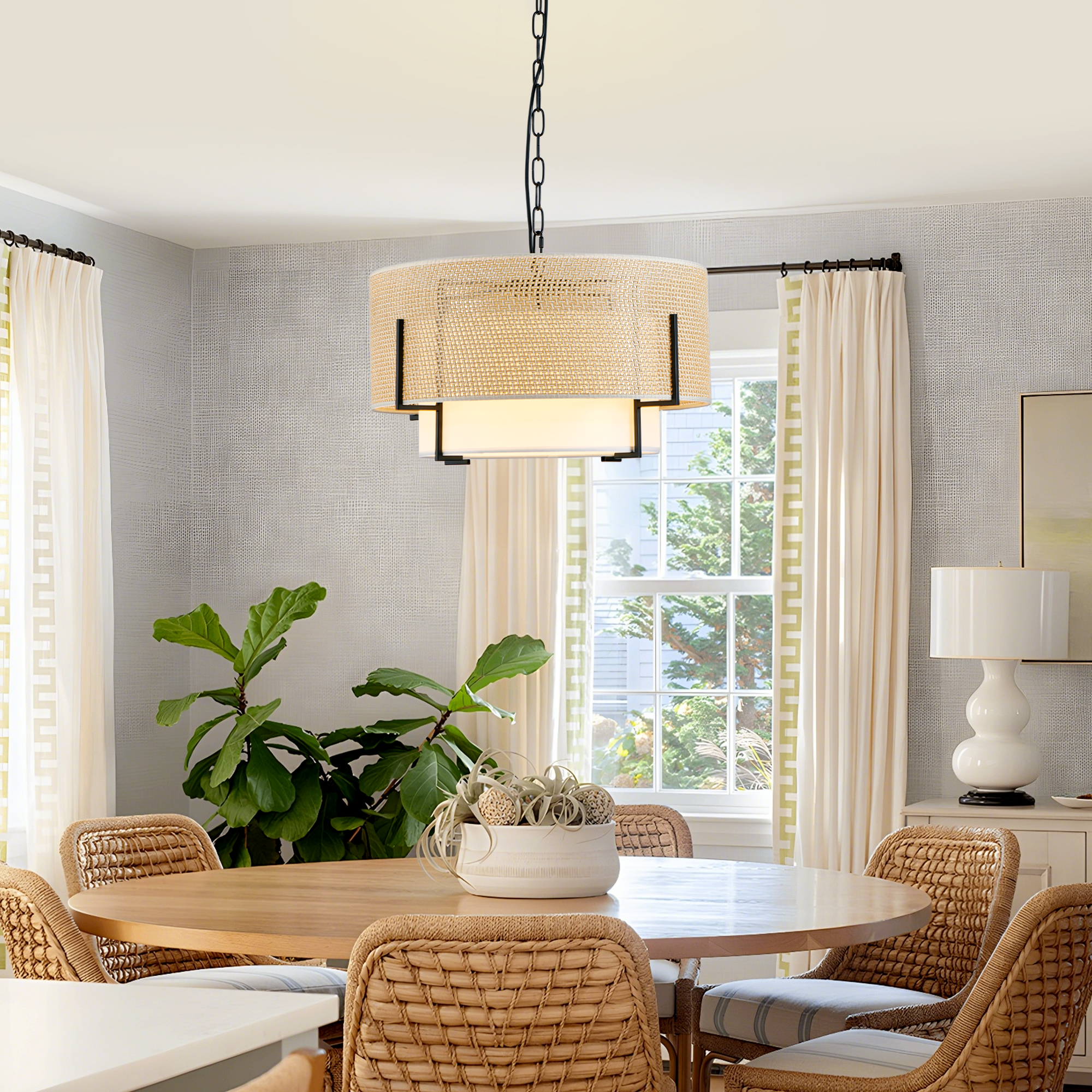 19.7'' Farmhouse Boho Chandelier,4-Light Hand Woven Rattan Pendant Light with Fabric Shade Rustic Drum Chandelier for Dining Room Kitchen Bedroom Foyer Entryway Living Room - Image 3