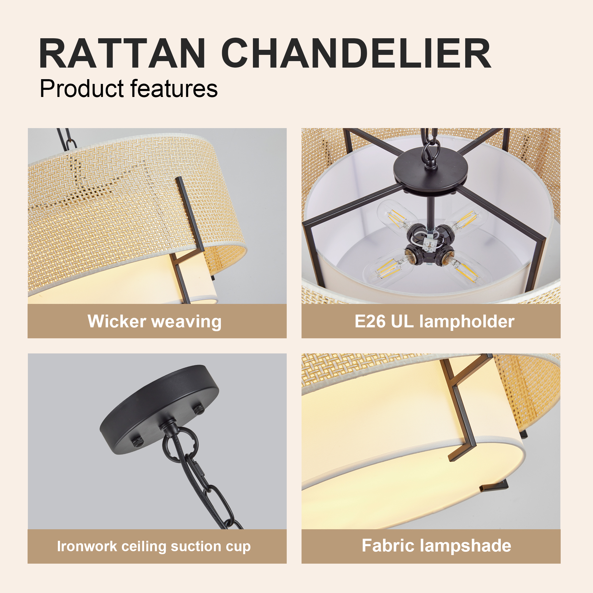 19.7'' Farmhouse Boho Chandelier,4-Light Hand Woven Rattan Pendant Light with Fabric Shade Rustic Drum Chandelier for Dining Room Kitchen Bedroom Foyer Entryway Living Room - Image 5