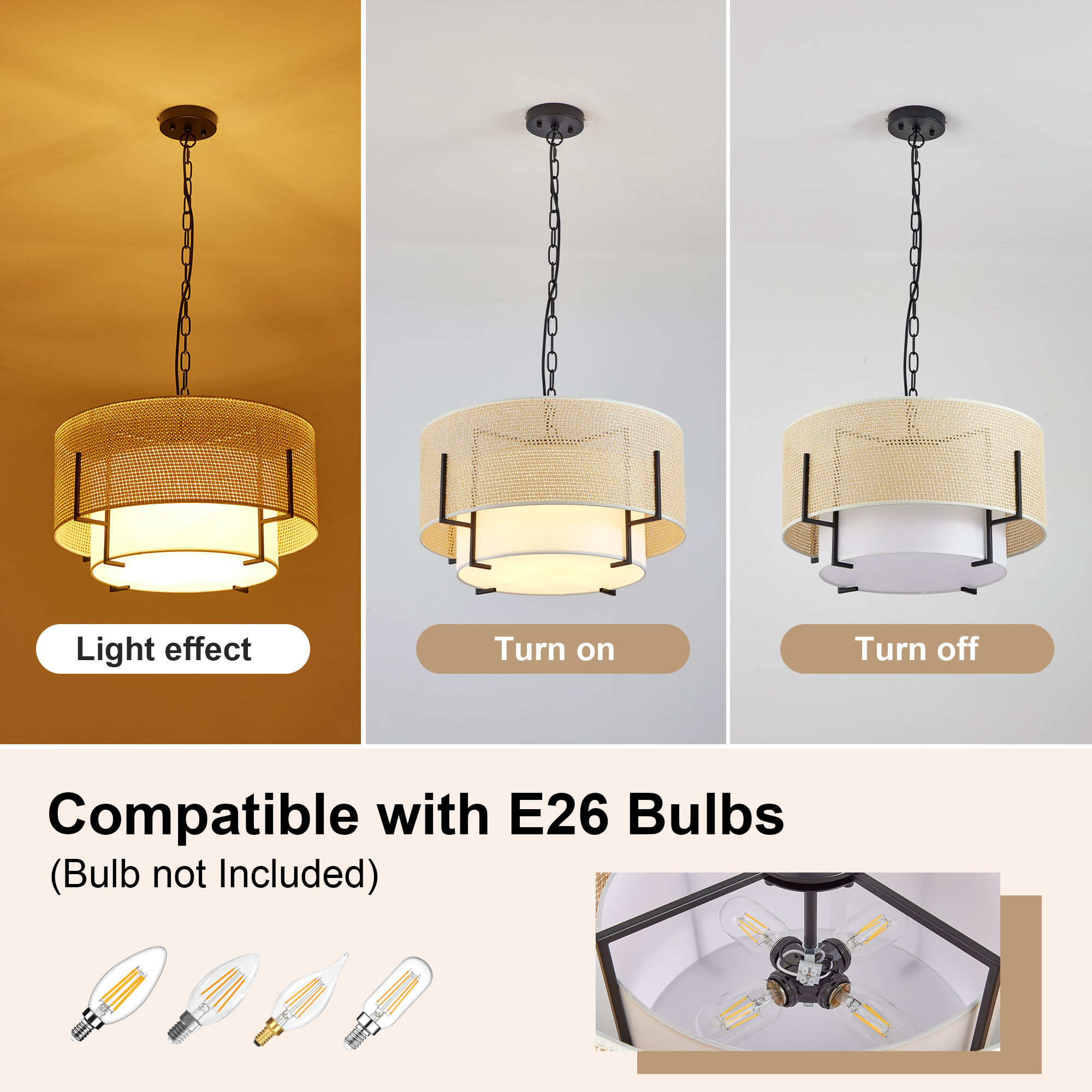 19.7'' Farmhouse Boho Chandelier,4-Light Hand Woven Rattan Pendant Light with Fabric Shade Rustic Drum Chandelier for Dining Room Kitchen Bedroom Foyer Entryway Living Room - Image 6