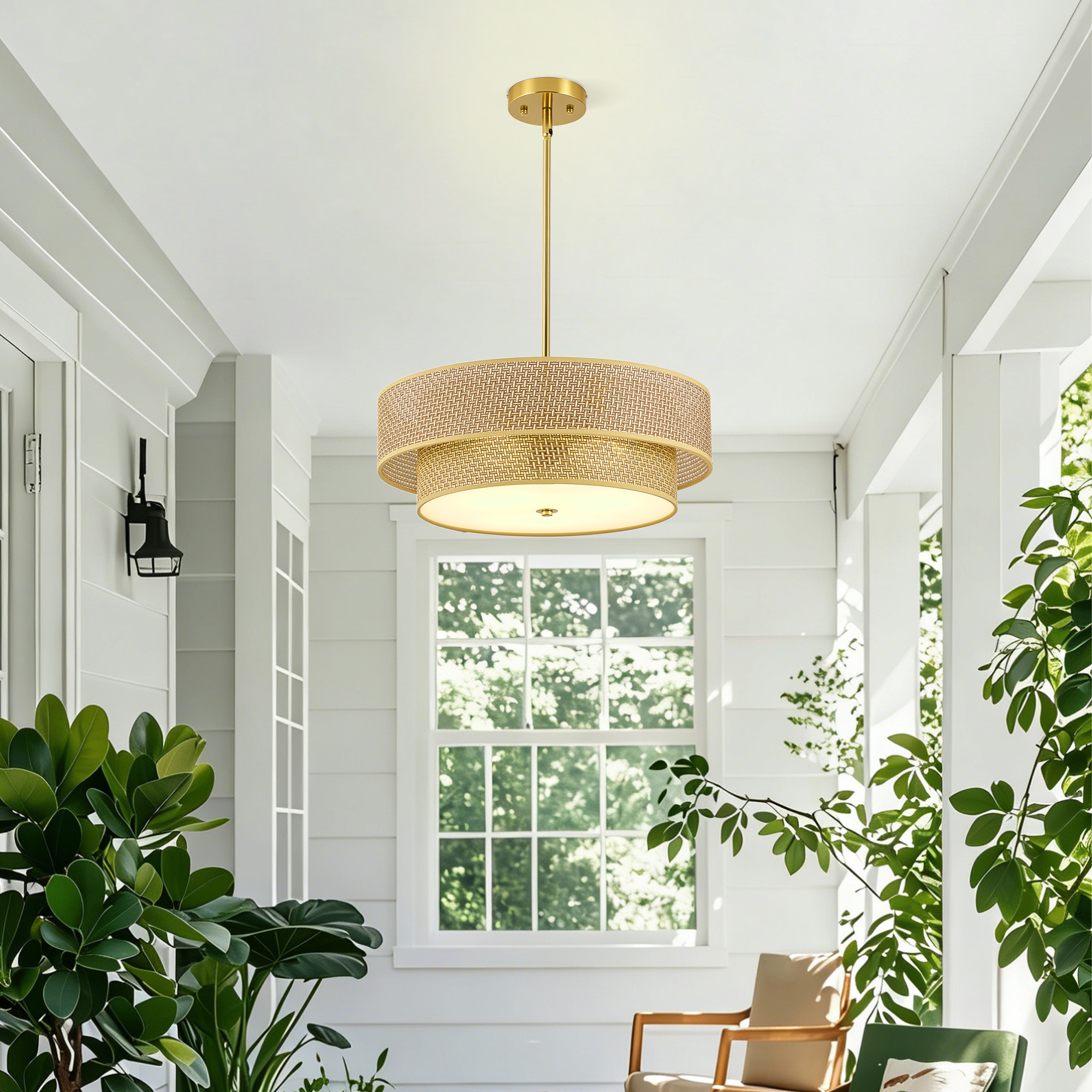 17.7 Inch Woven Rattan Linen Semi Flush Mount Ceiling Light Fixture, Modern Boho Drum Lamp for Bedroom, Kitchen, Dining Room, Living Room, Hallway, Entryway, Farmhouse Gold Wicker Chandelier - Image 2