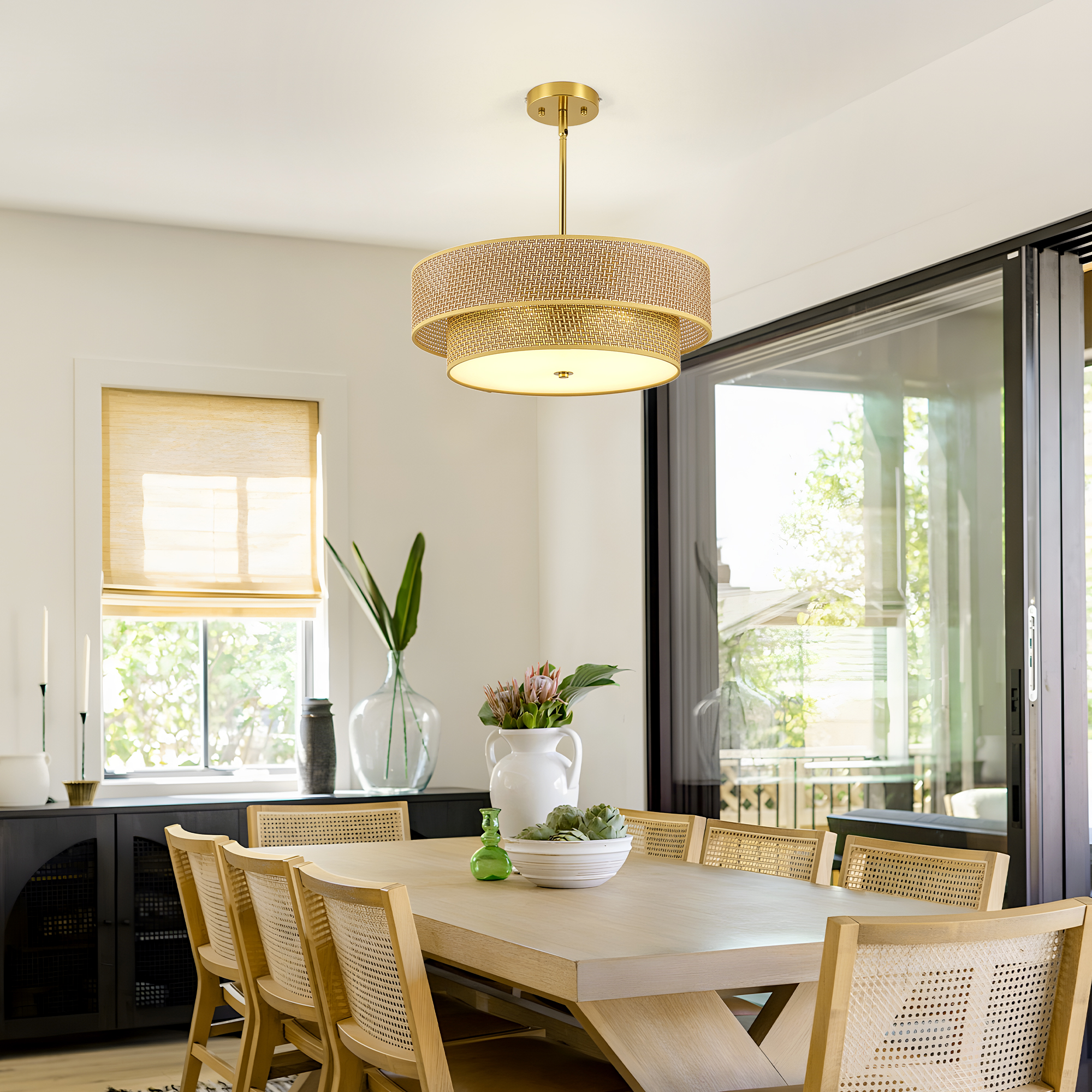 17.7 Inch Woven Rattan Linen Semi Flush Mount Ceiling Light Fixture, Modern Boho Drum Lamp for Bedroom, Kitchen, Dining Room, Living Room, Hallway, Entryway, Farmhouse Gold Wicker Chandelier - Image 4