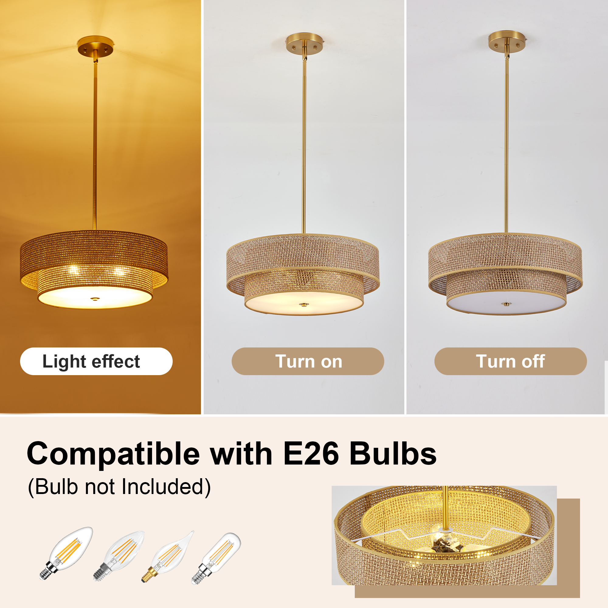 17.7 Inch Woven Rattan Linen Semi Flush Mount Ceiling Light Fixture, Modern Boho Drum Lamp for Bedroom, Kitchen, Dining Room, Living Room, Hallway, Entryway, Farmhouse Gold Wicker Chandelier - Image 6