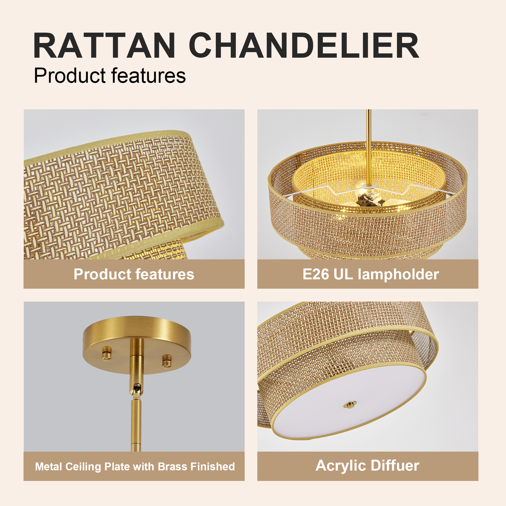 17.7 Inch Woven Rattan Linen Semi Flush Mount Ceiling Light Fixture, Modern Boho Drum Lamp for Bedroom, Kitchen, Dining Room, Living Room, Hallway, Entryway, Farmhouse Gold Wicker Chandelier - Image 5