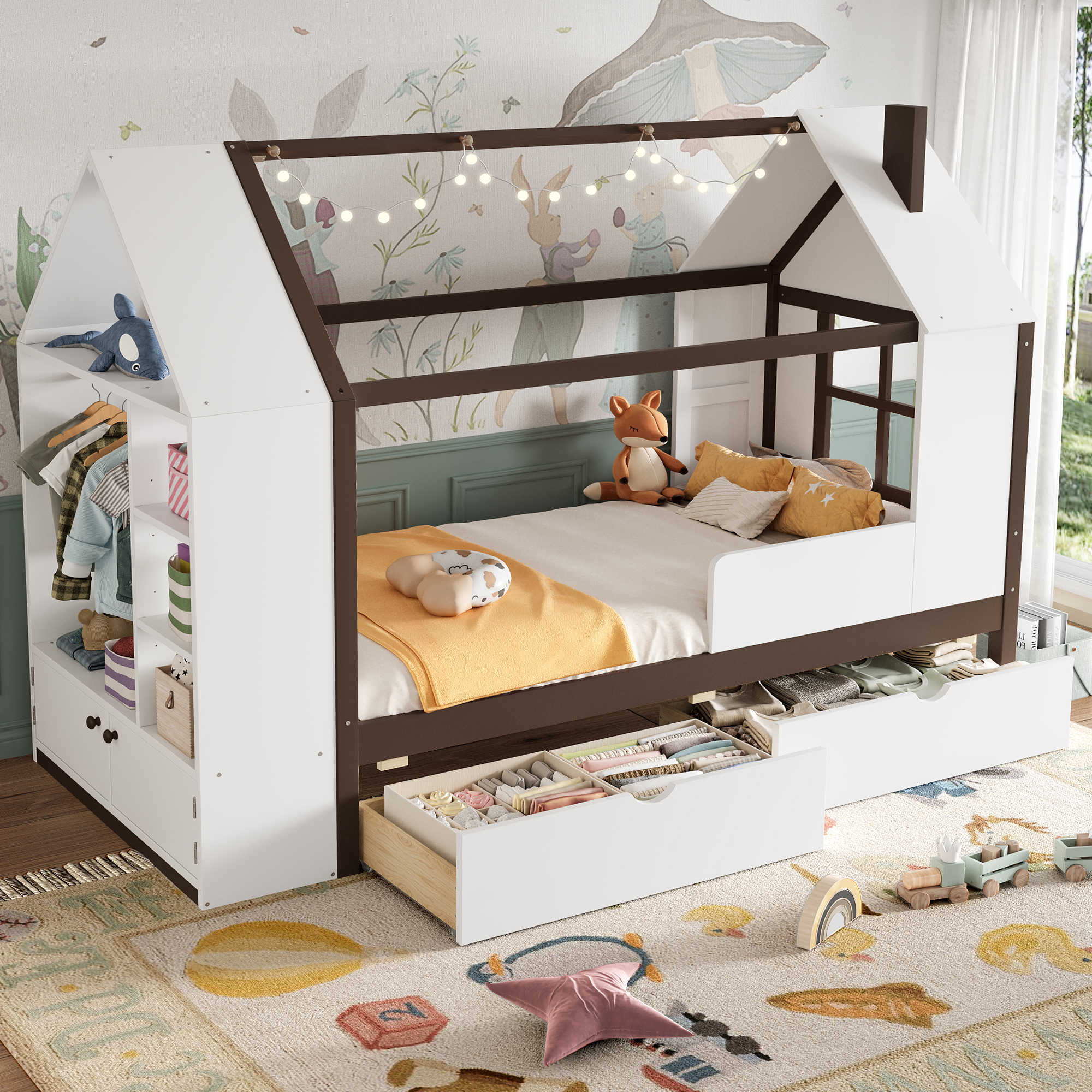 Twin Size House Platform Bed with Drawers, Solid Wood House Bed with Shelves, Childlike Design, White & Espresso - Image 2