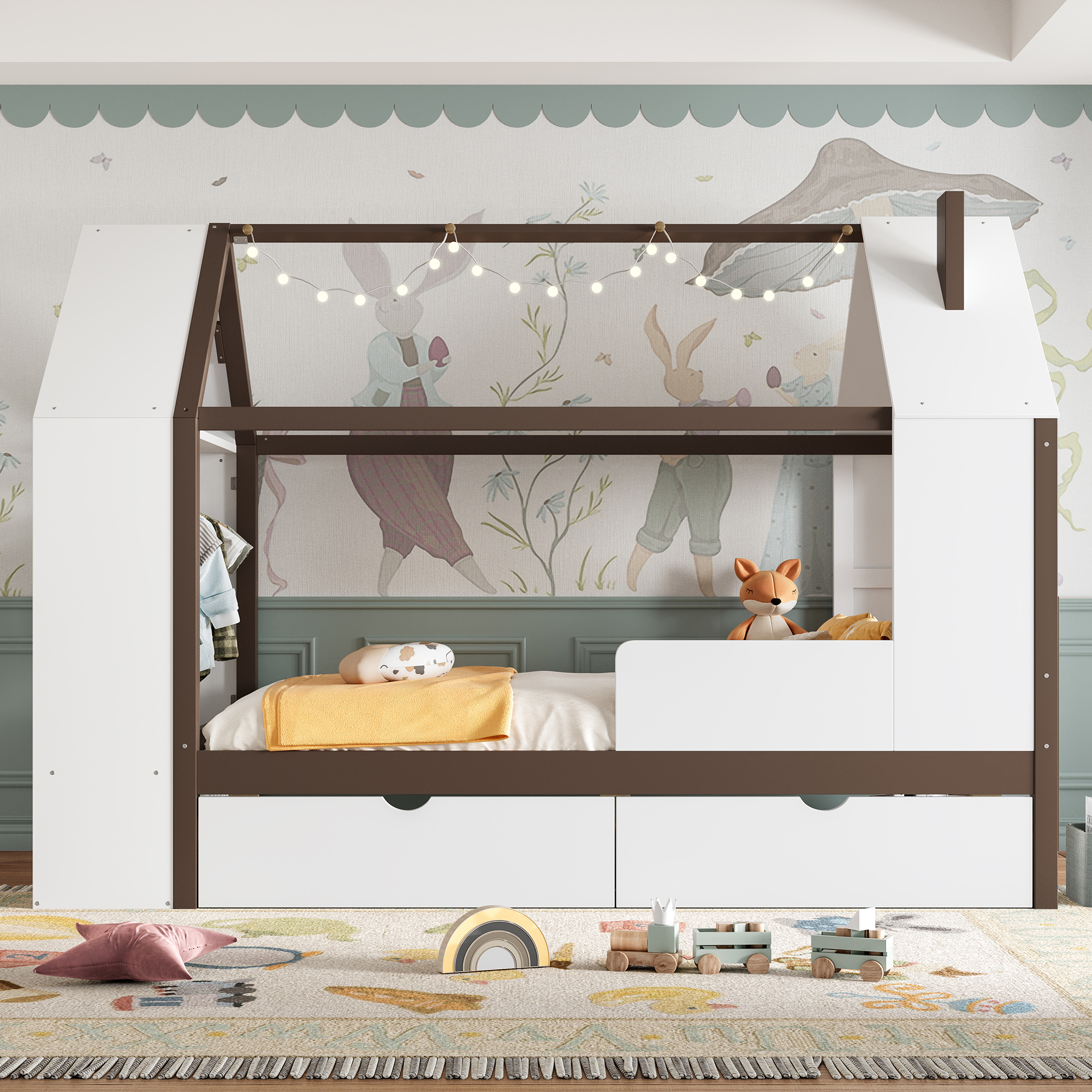 Twin Size House Platform Bed with Drawers, Solid Wood House Bed with Shelves, Childlike Design, White & Espresso - Image 3