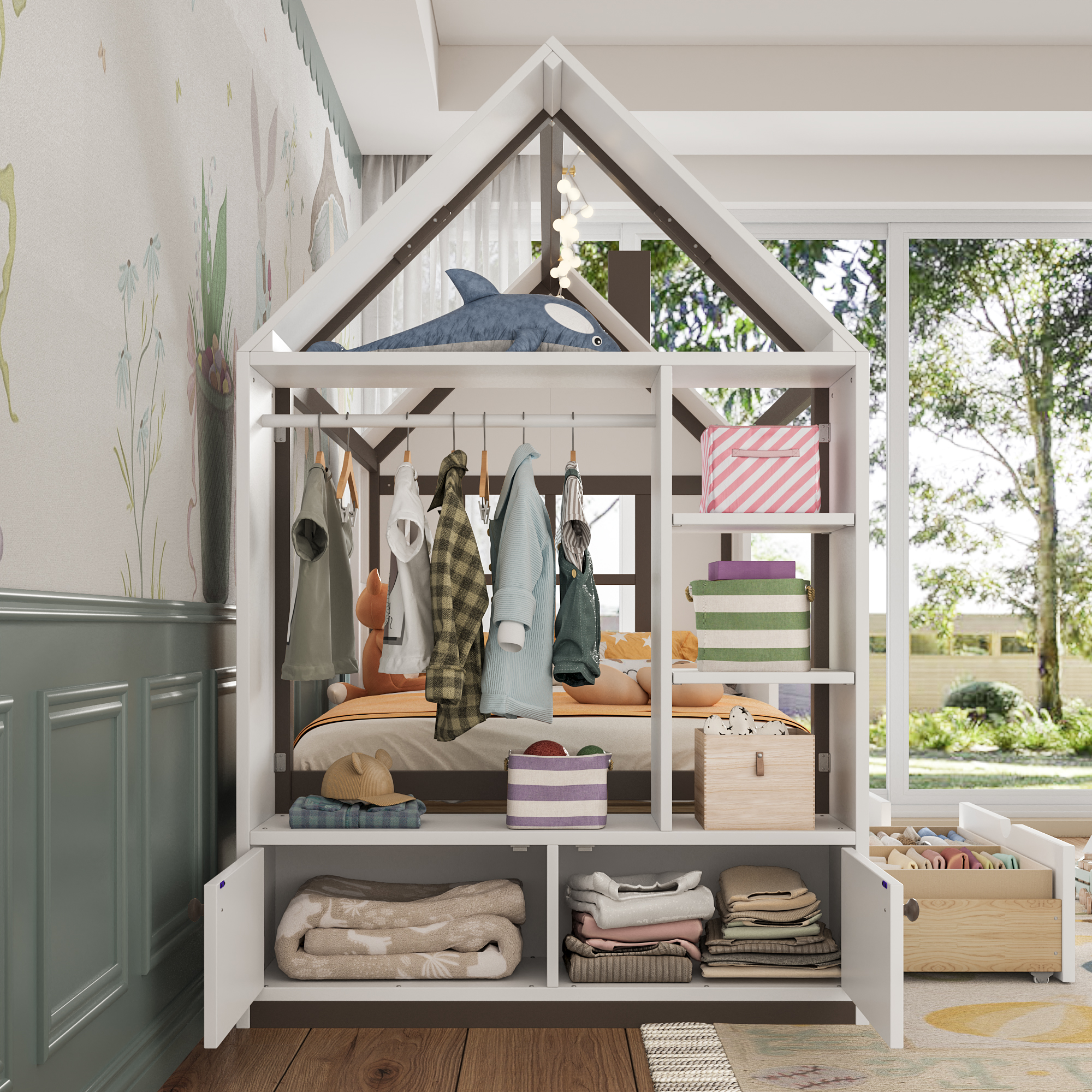 Twin Size House Platform Bed with Drawers, Solid Wood House Bed with Shelves, Childlike Design, White & Espresso - Image 4