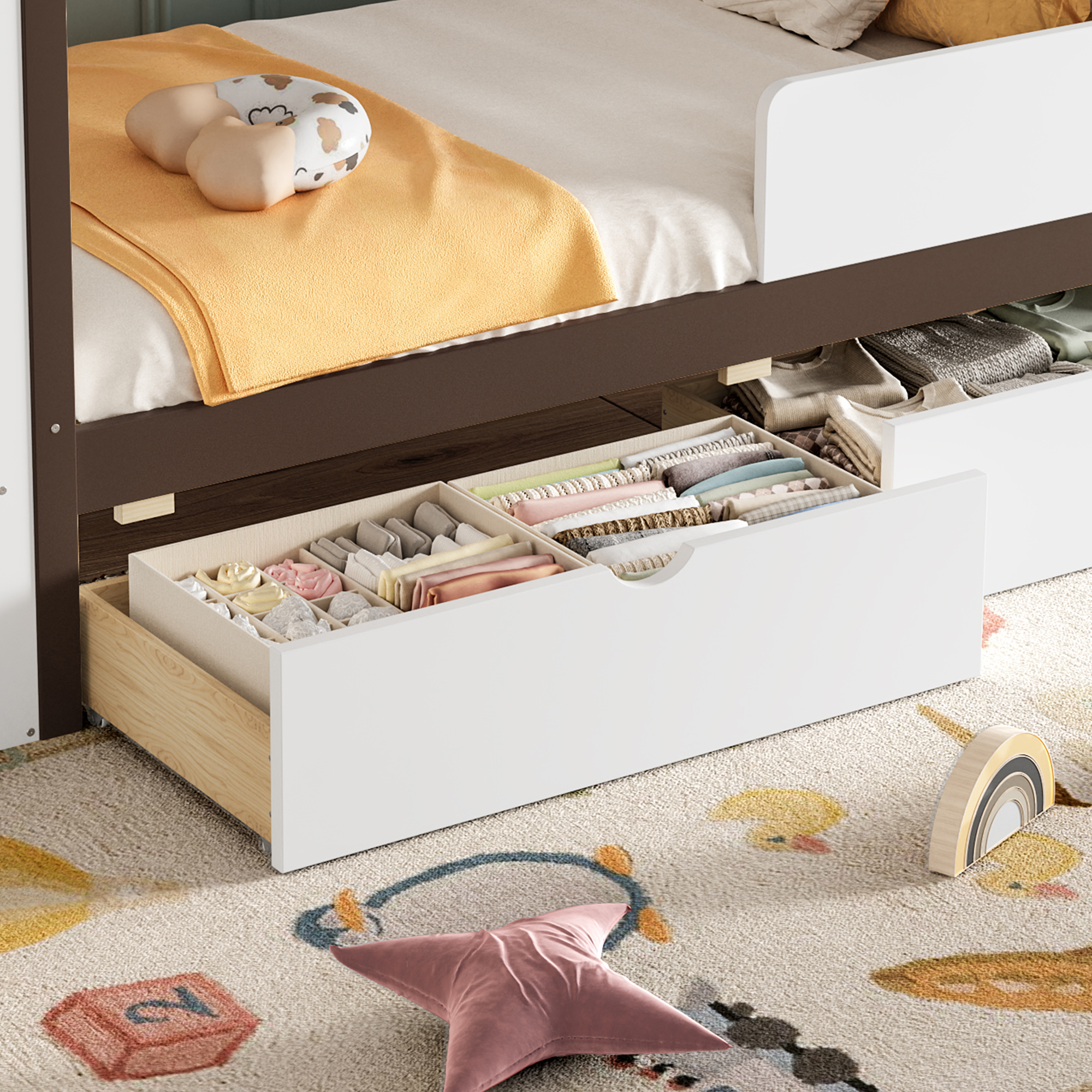 Twin Size House Platform Bed with Drawers, Solid Wood House Bed with Shelves, Childlike Design, White & Espresso - Image 5