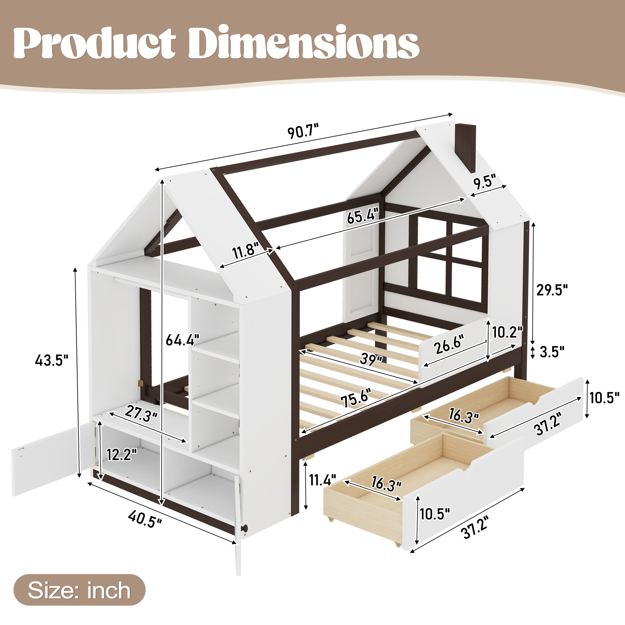 Twin Size House Platform Bed with Drawers, Solid Wood House Bed with Shelves, Childlike Design, White & Espresso - Image 6
