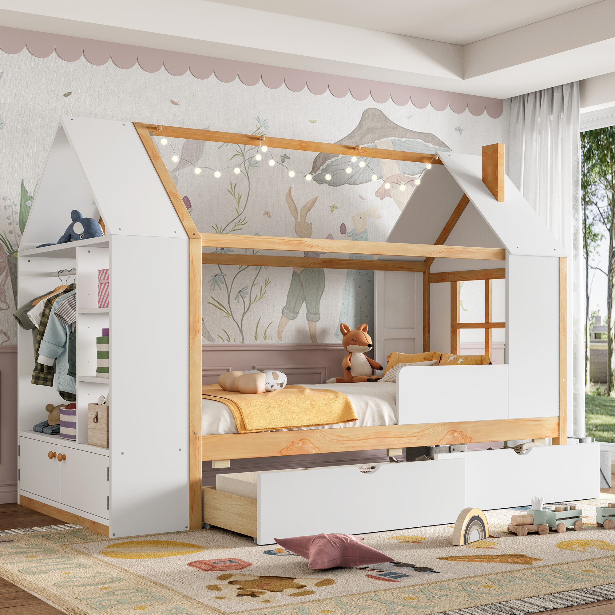 Twin Size House Platform Bed with Drawers, Solid Wood House Bed with Shelves, Childlike Design, White & Natural - Image 1