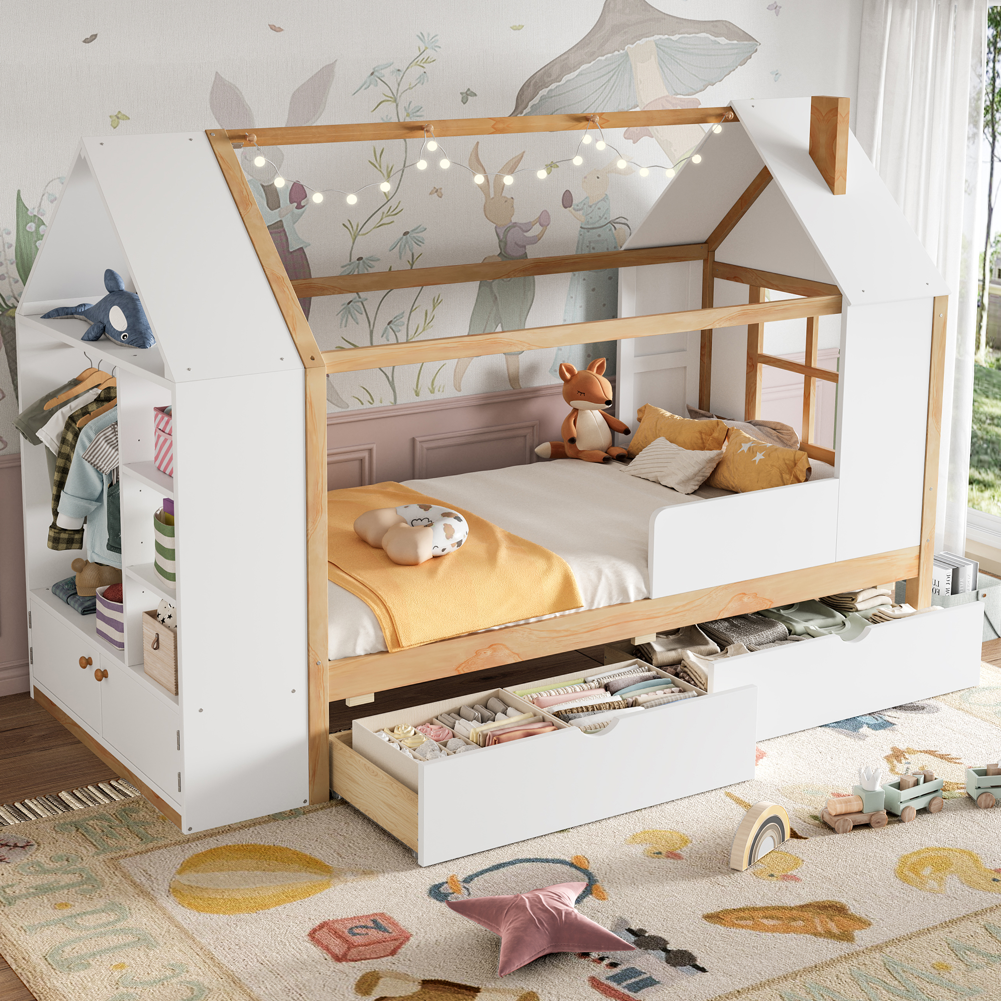 Twin Size House Platform Bed with Drawers, Solid Wood House Bed with Shelves, Childlike Design, White & Natural - Image 2