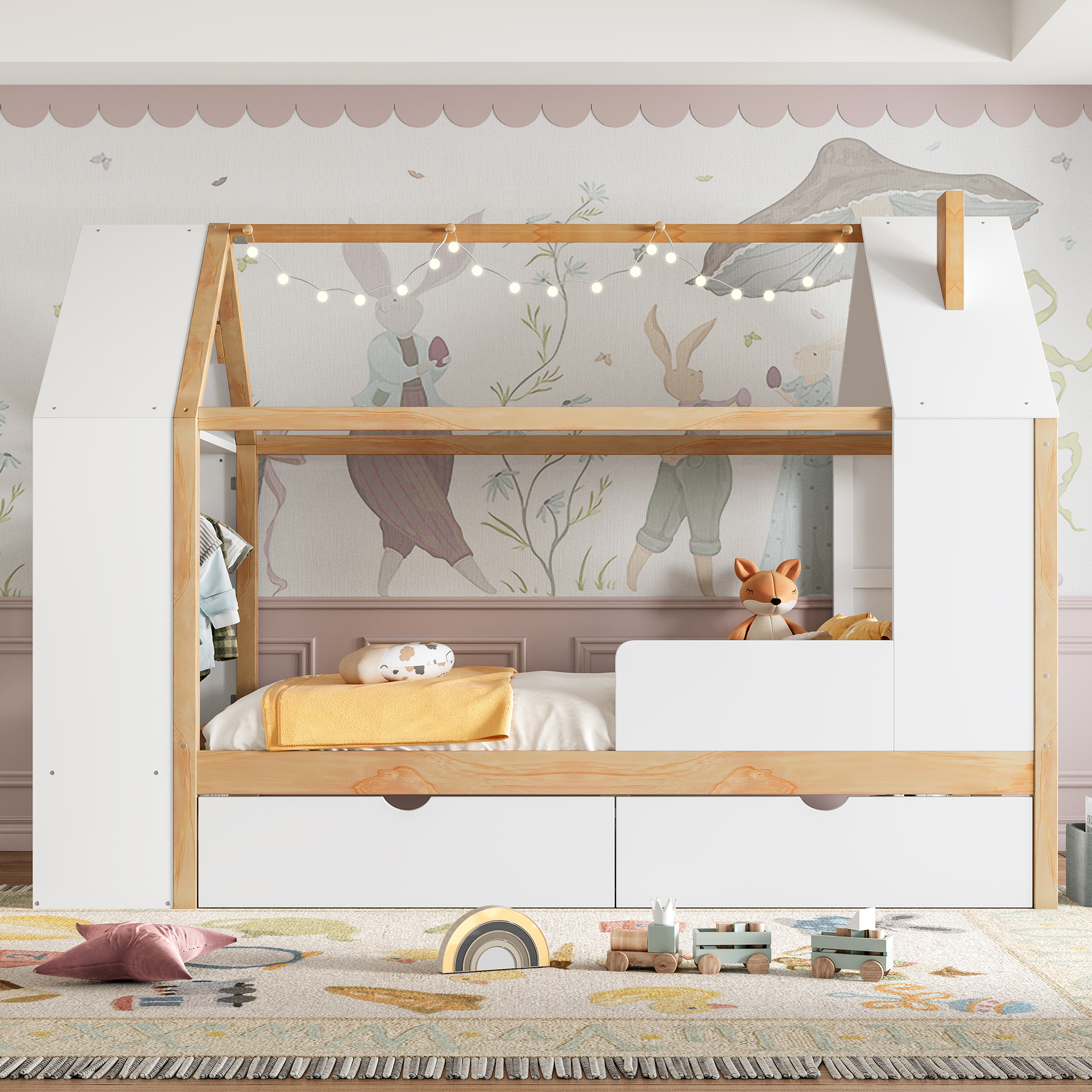 Twin Size House Platform Bed with Drawers, Solid Wood House Bed with Shelves, Childlike Design, White & Natural - Image 3