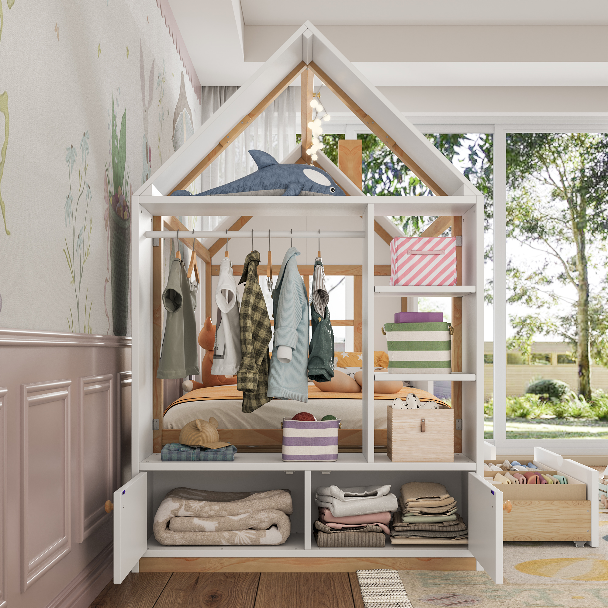 Twin Size House Platform Bed with Drawers, Solid Wood House Bed with Shelves, Childlike Design, White & Natural - Image 4