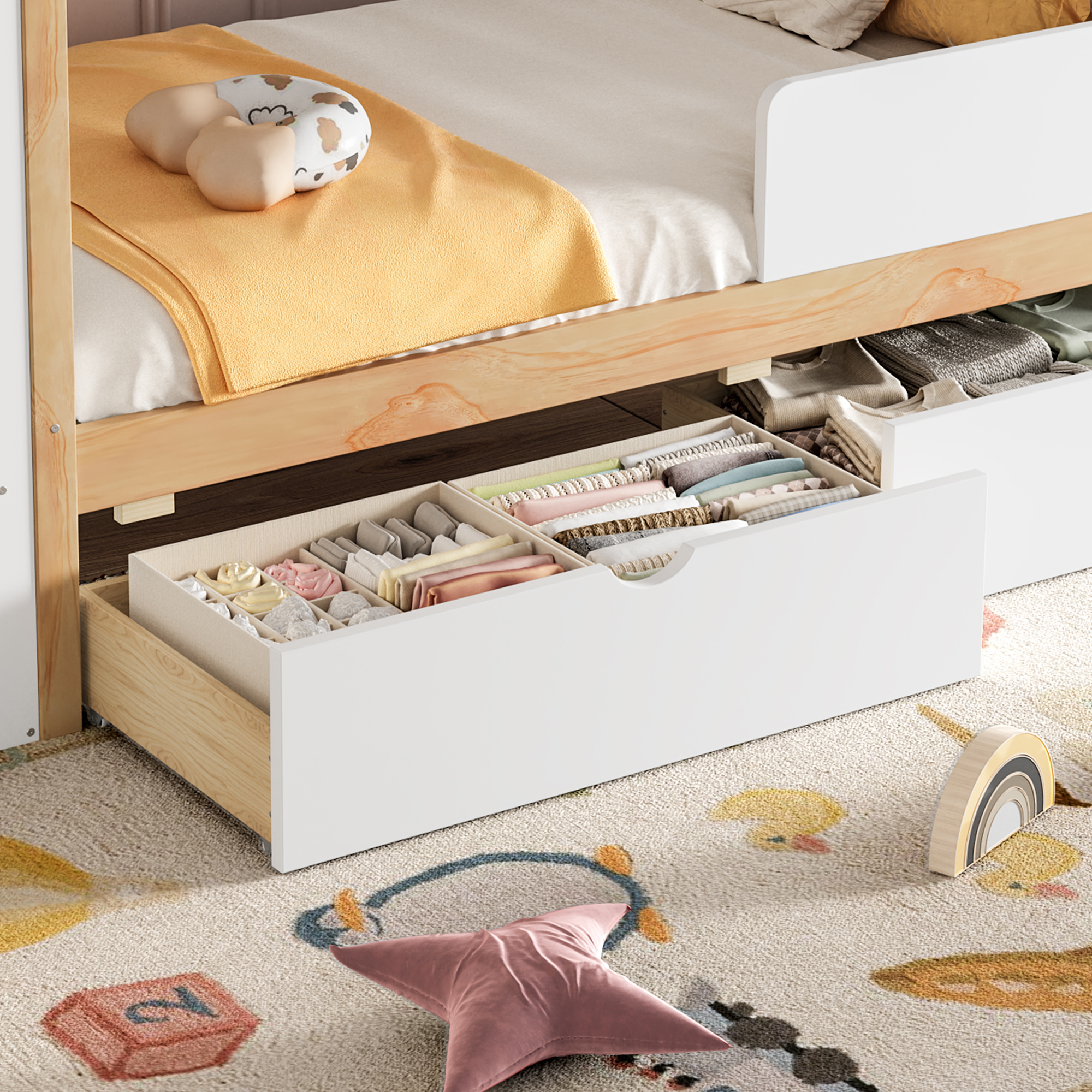 Twin Size House Platform Bed with Drawers, Solid Wood House Bed with Shelves, Childlike Design, White & Natural - Image 5