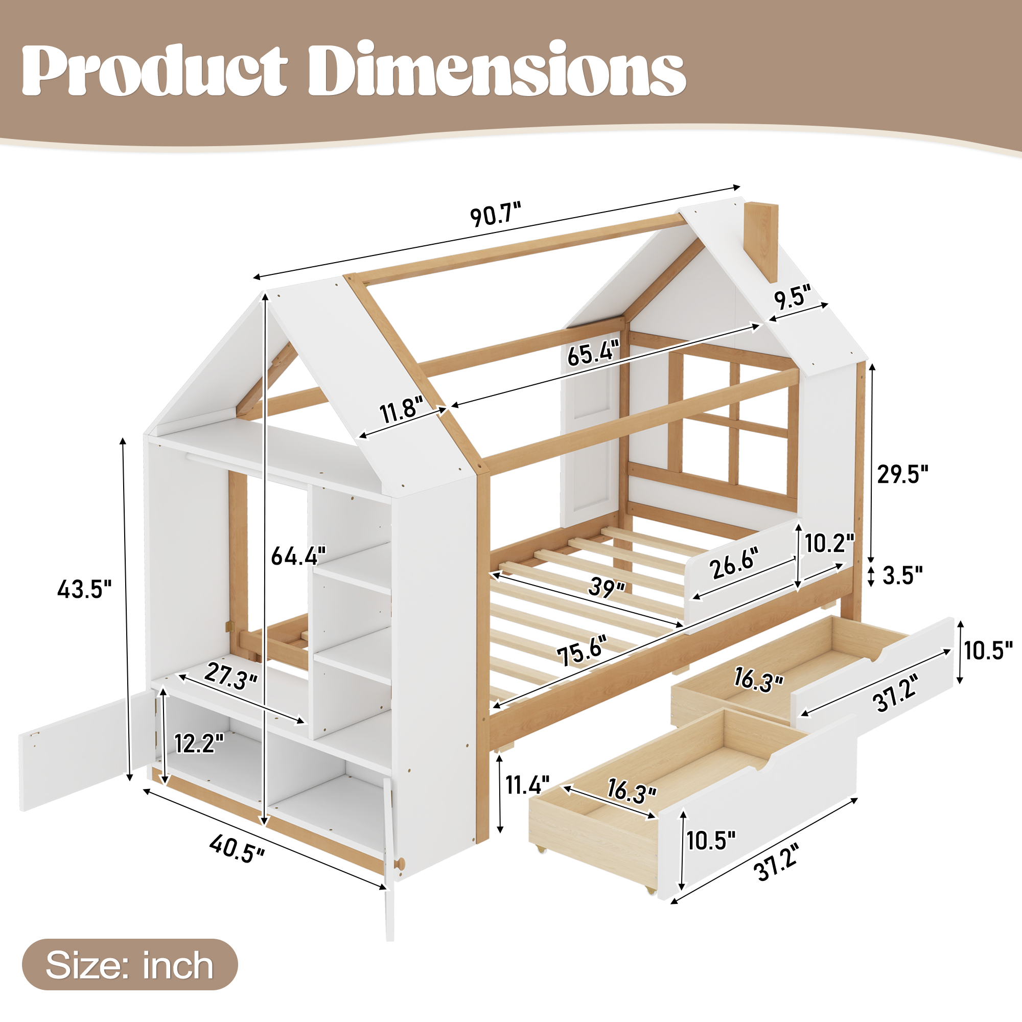 Twin Size House Platform Bed with Drawers, Solid Wood House Bed with Shelves, Childlike Design, White & Natural - Image 6