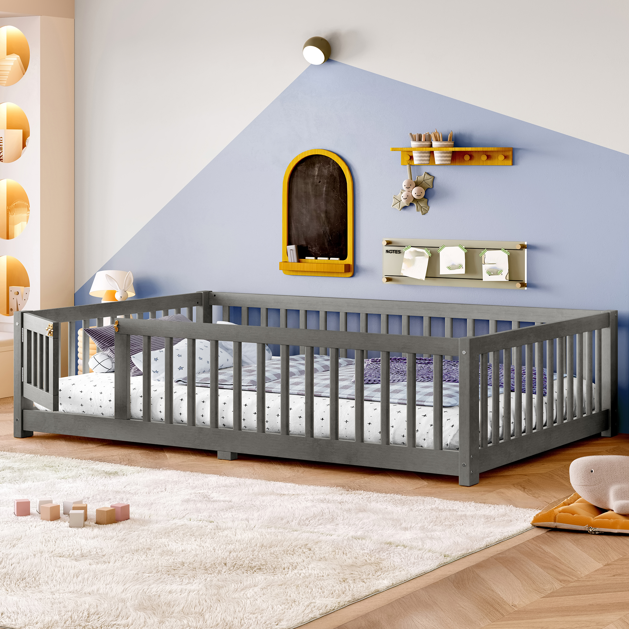 Full Size Bed Floor Bed with Safety Guardrails and Door for Kids, Wood grain gray. - Image 2