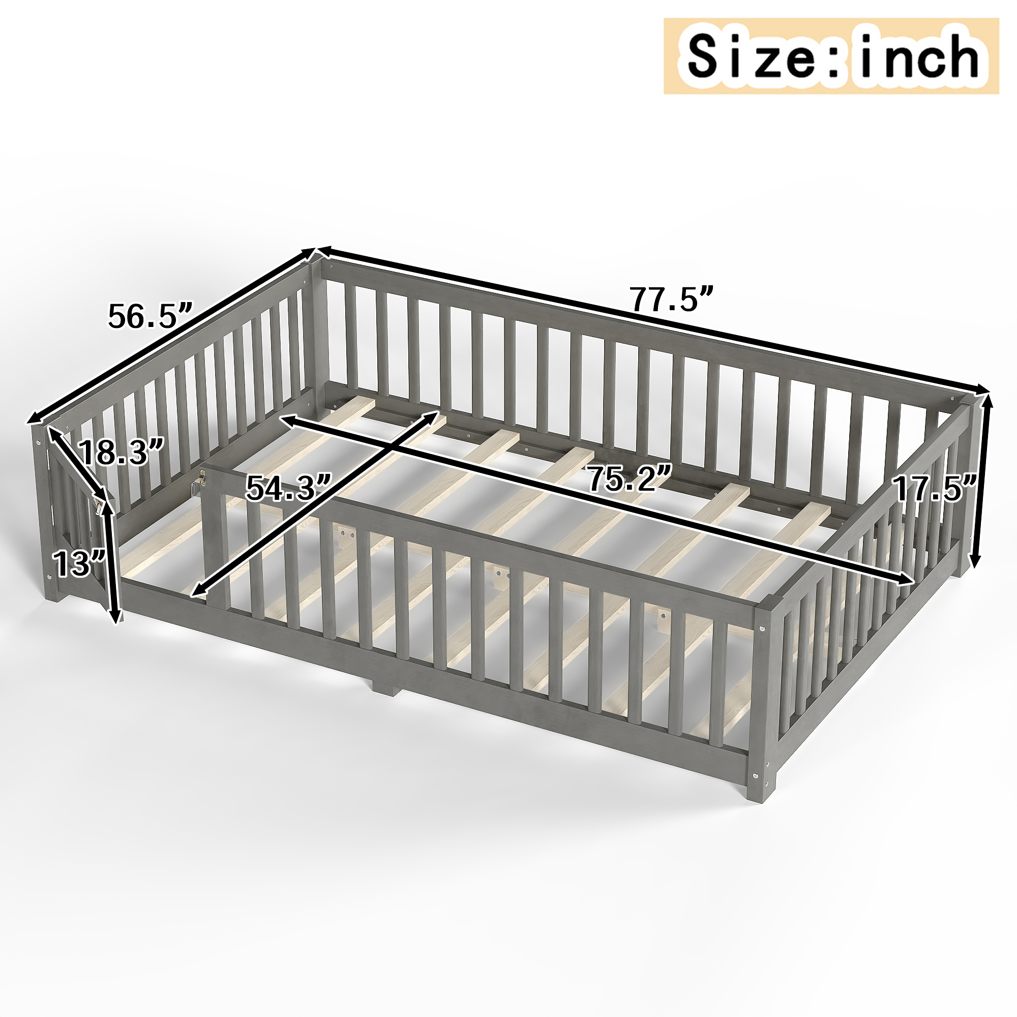 Full Size Bed Floor Bed with Safety Guardrails and Door for Kids, Wood grain gray. - Image 4