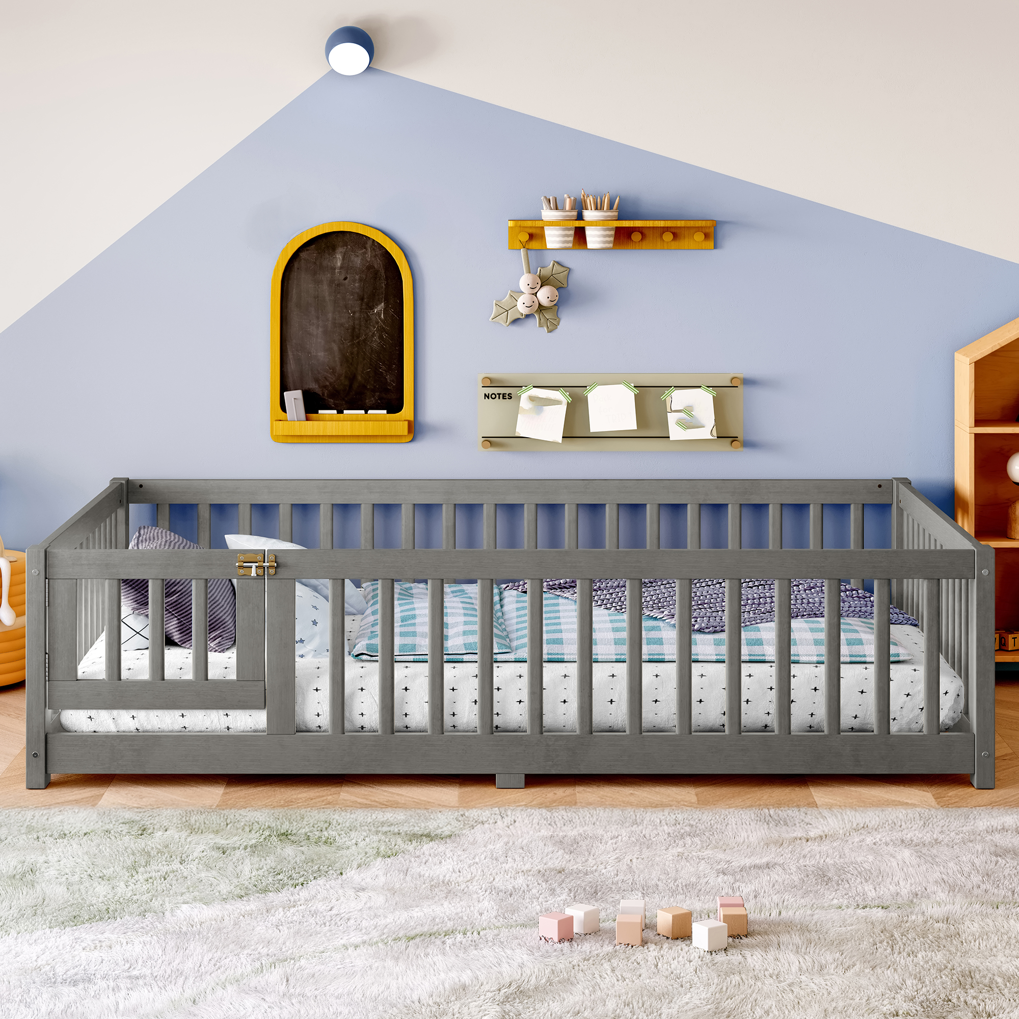 Full Size Bed Floor Bed with Safety Guardrails and Door for Kids, Wood grain gray. - Image 3