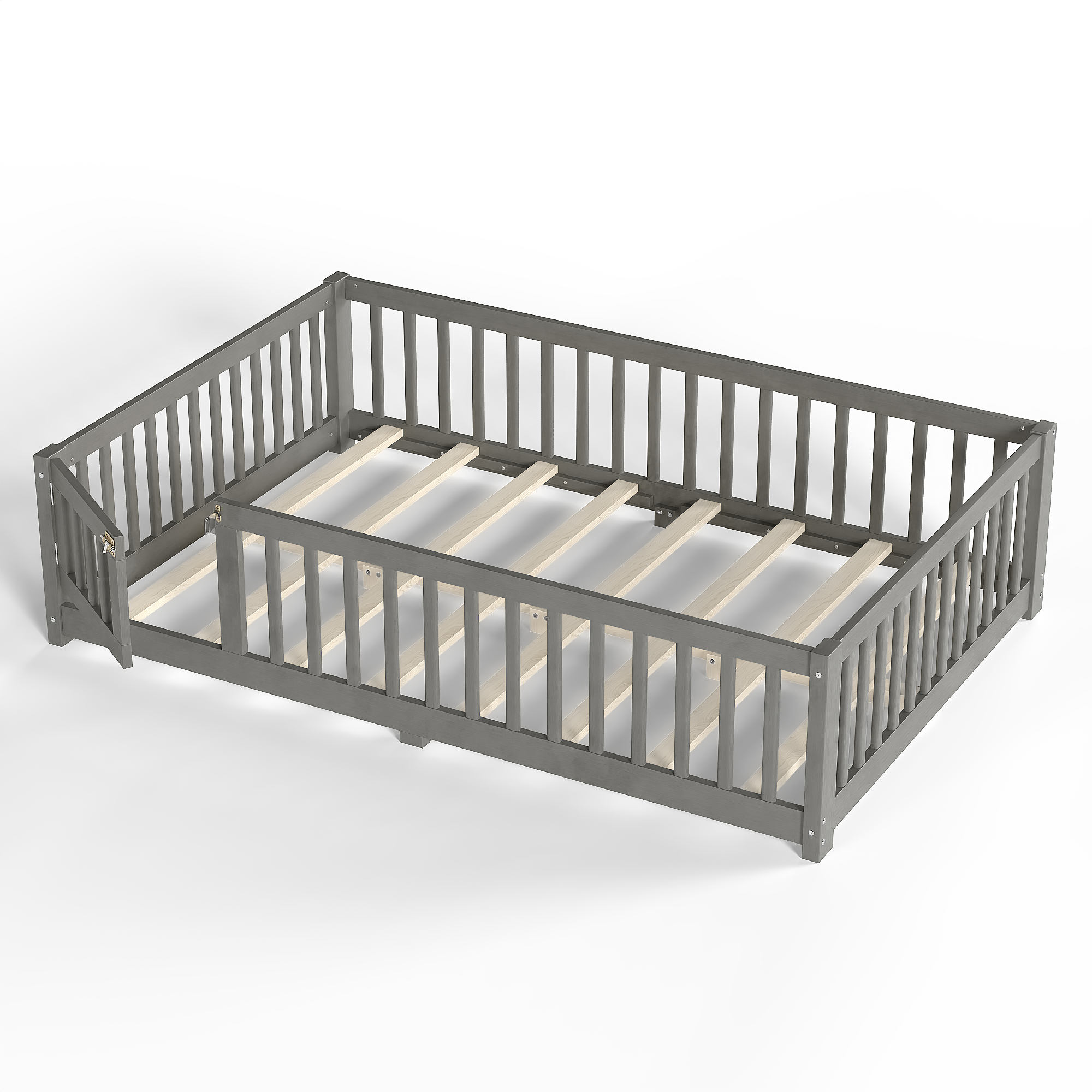 Full Size Bed Floor Bed with Safety Guardrails and Door for Kids, Wood grain gray. - Image 5
