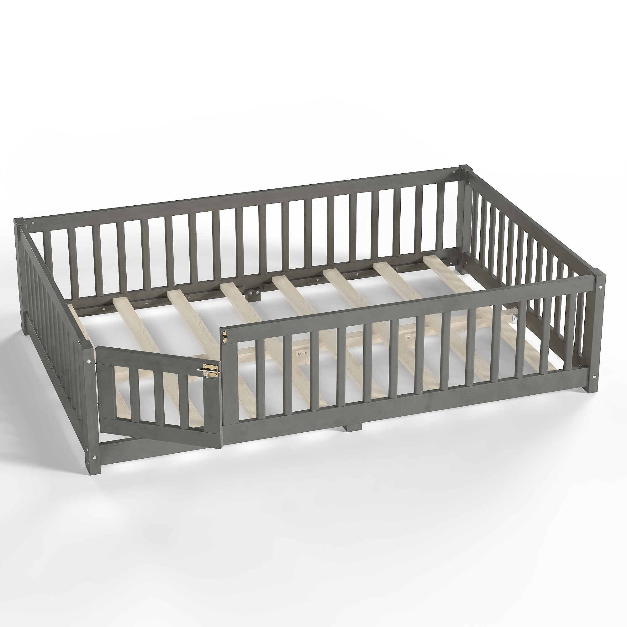 Full Size Bed Floor Bed with Safety Guardrails and Door for Kids, Wood grain gray. - Image 6