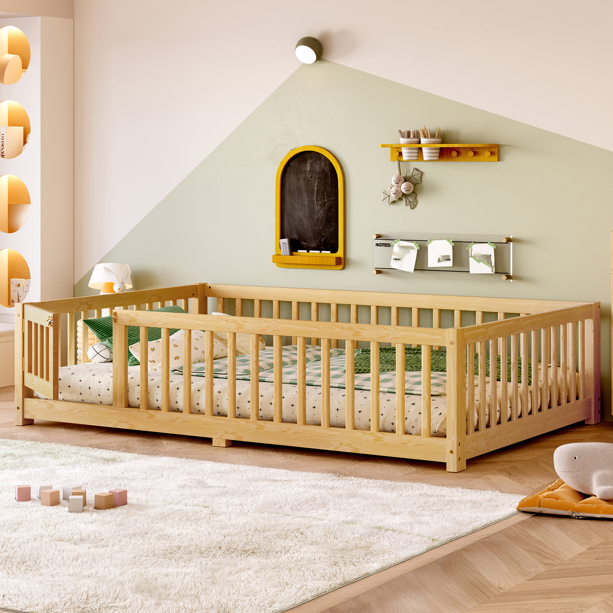 Full Size Bed Floor Bed with Safety Guardrails and Door for Kids, Natural(Old SKU: W1580P154627) - Image 2