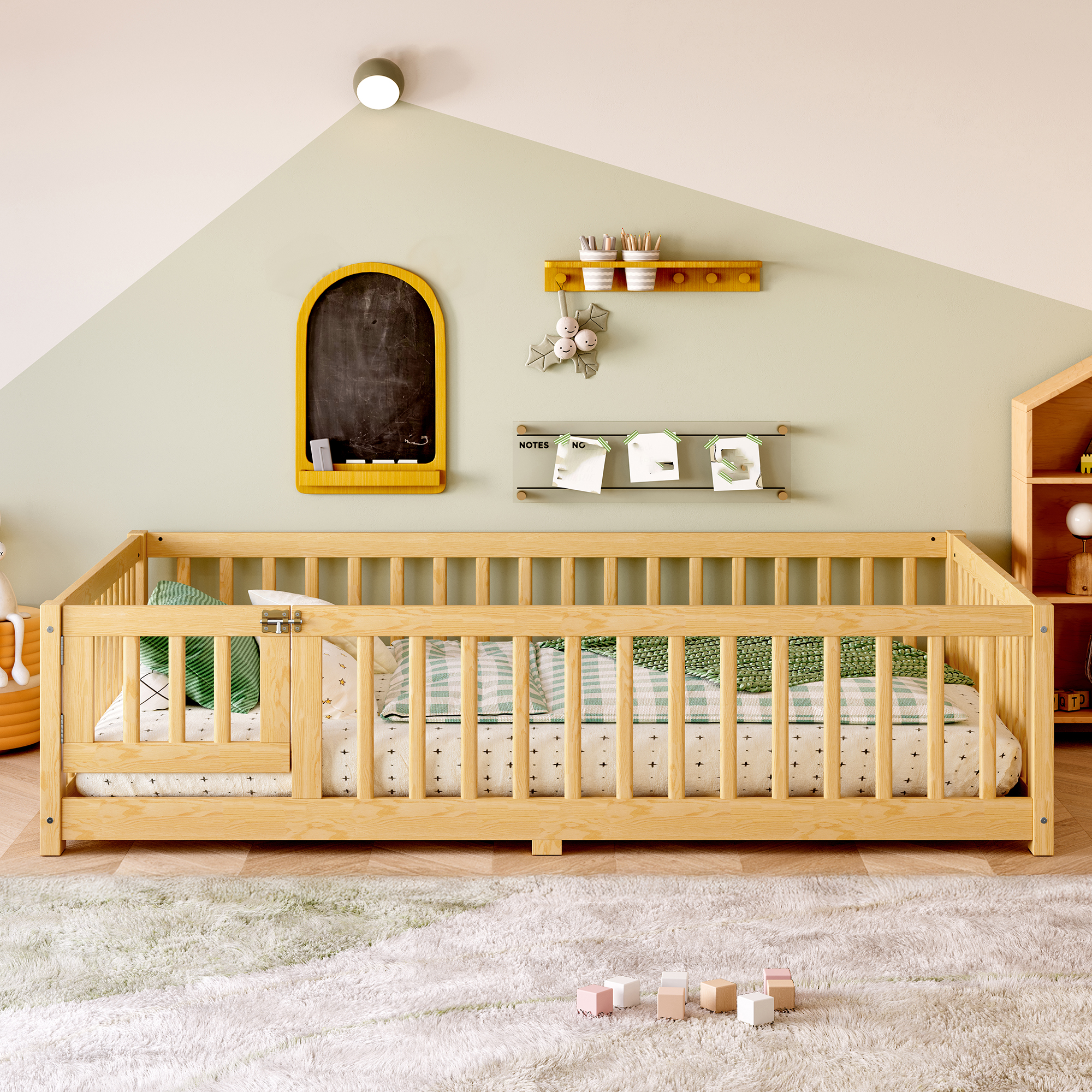 Full Size Bed Floor Bed with Safety Guardrails and Door for Kids, Natural(Old SKU: W1580P154627) - Image 3