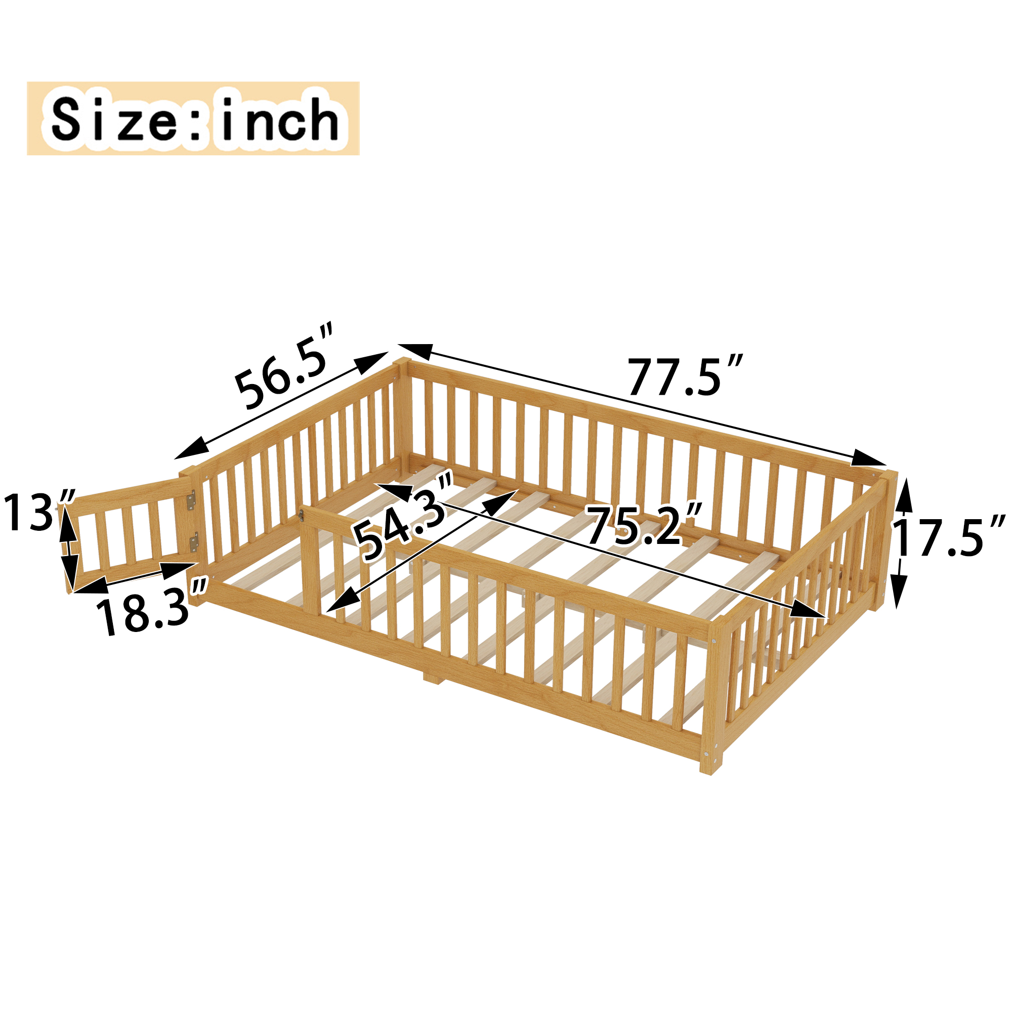 Full Size Bed Floor Bed with Safety Guardrails and Door for Kids, Natural(Old SKU: W1580P154627) - Image 4
