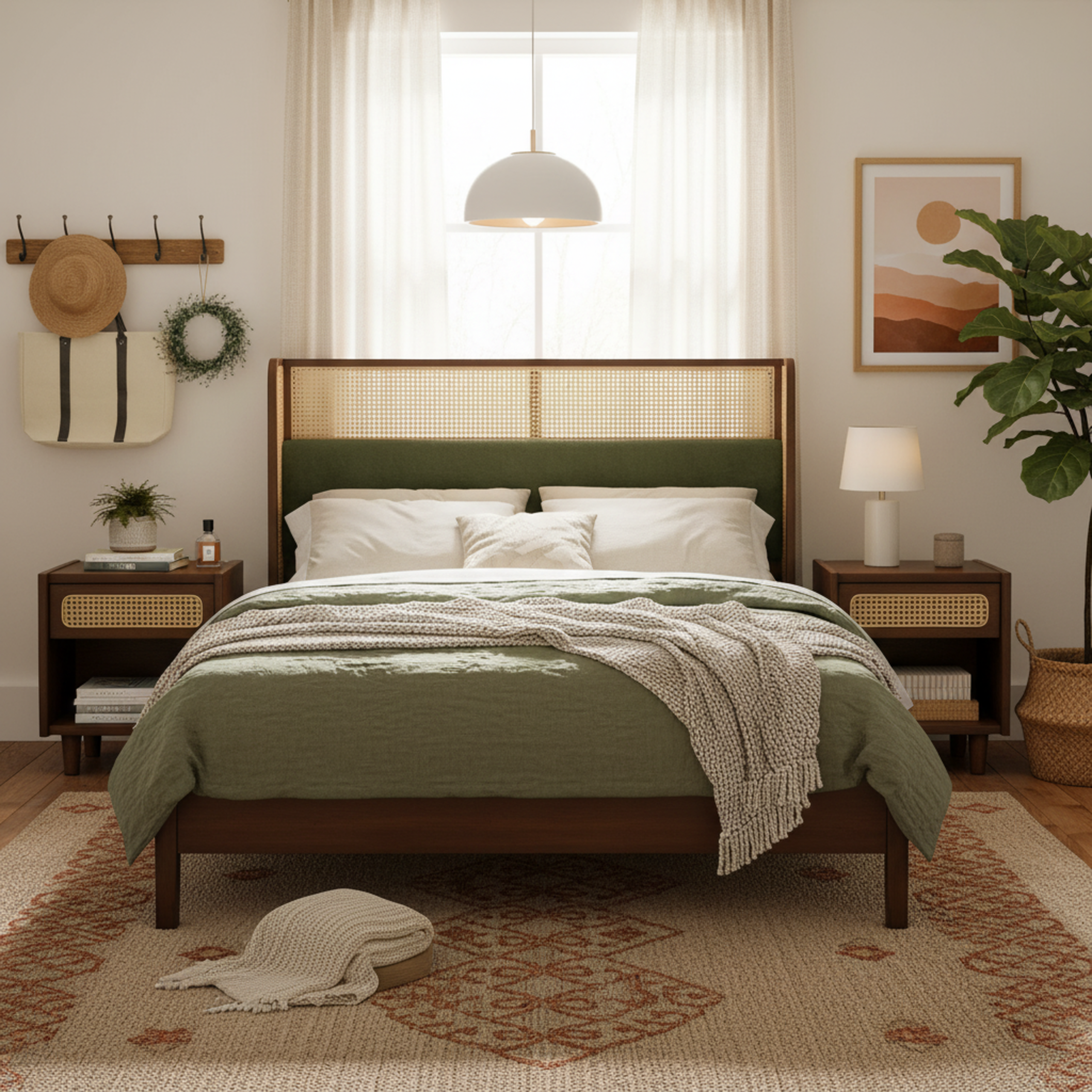 Queen Size Bed Frame with Green Headboard, Walnut with Green Solid Wood Bed, No Box Spring Required, Modern Bedroom Furniture - Image 1