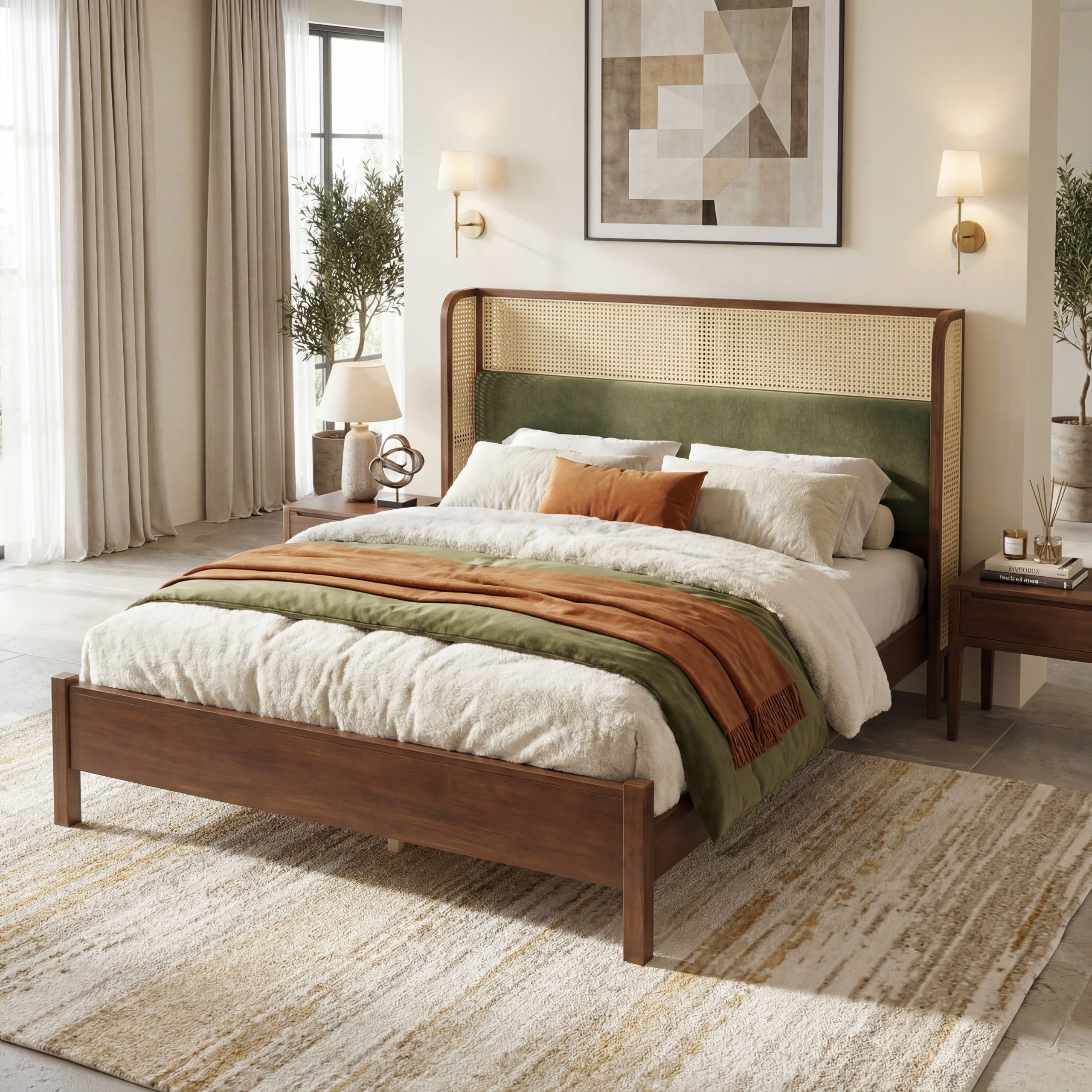 Queen Size Bed Frame with Green Headboard, Walnut with Green Solid Wood Bed, No Box Spring Required, Modern Bedroom Furniture - Image 2