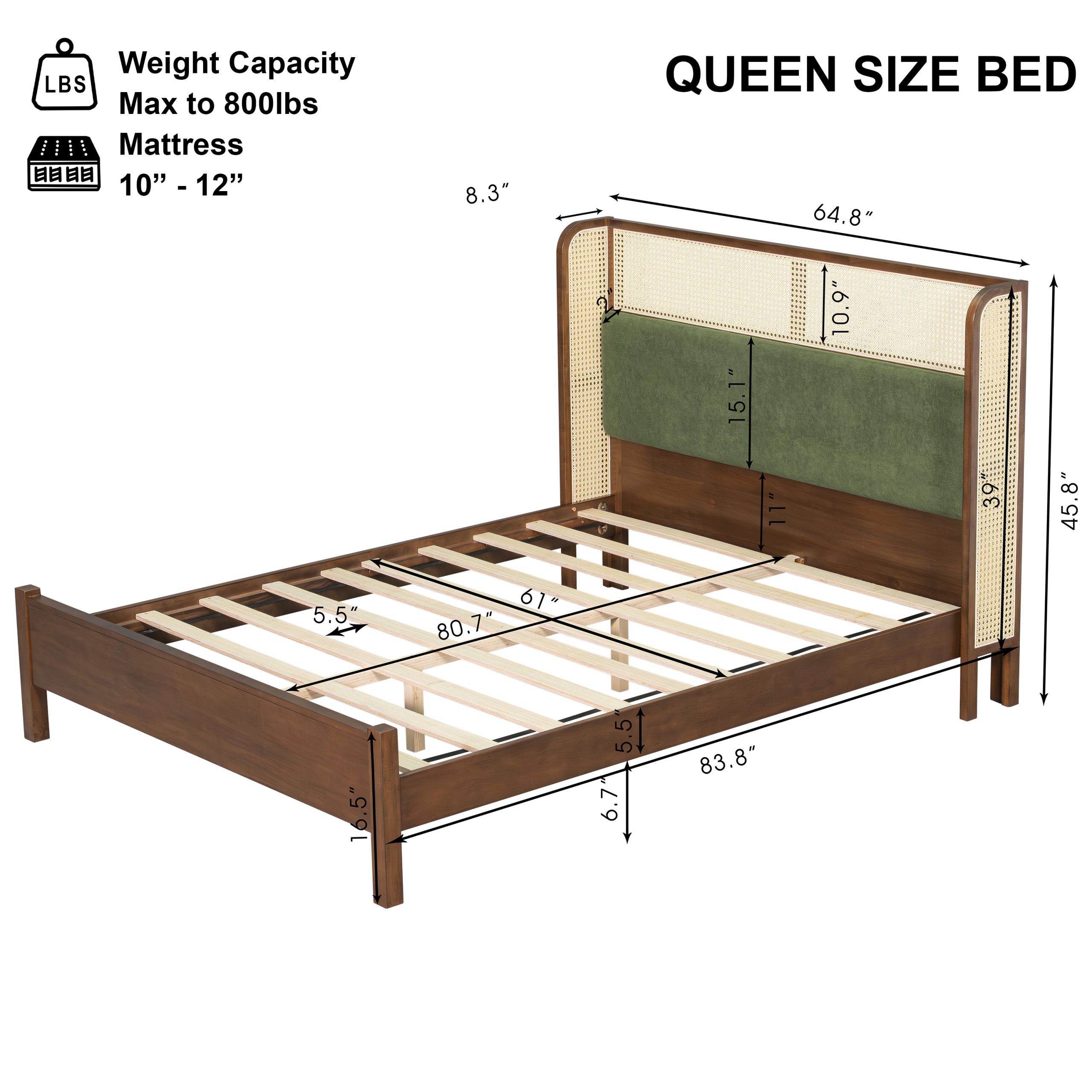 Queen Size Bed Frame with Green Headboard, Walnut with Green Solid Wood Bed, No Box Spring Required, Modern Bedroom Furniture - Image 3
