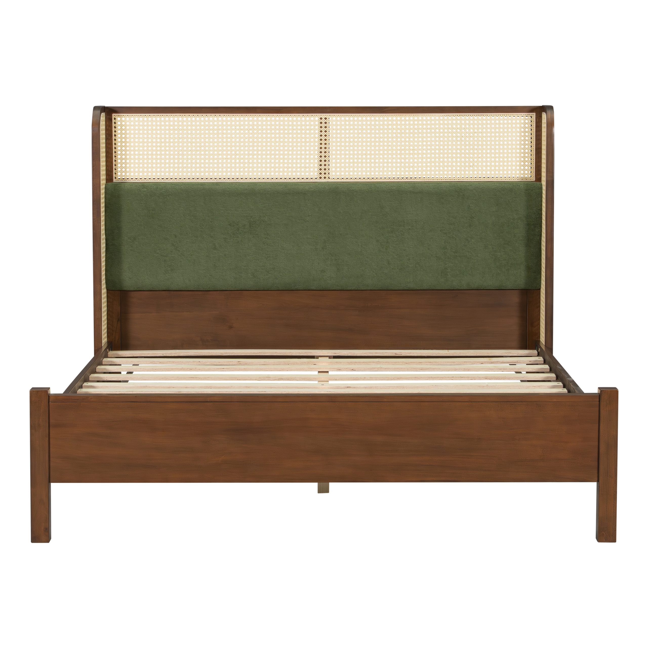 Queen Size Bed Frame with Green Headboard, Walnut with Green Solid Wood Bed, No Box Spring Required, Modern Bedroom Furniture - Image 4