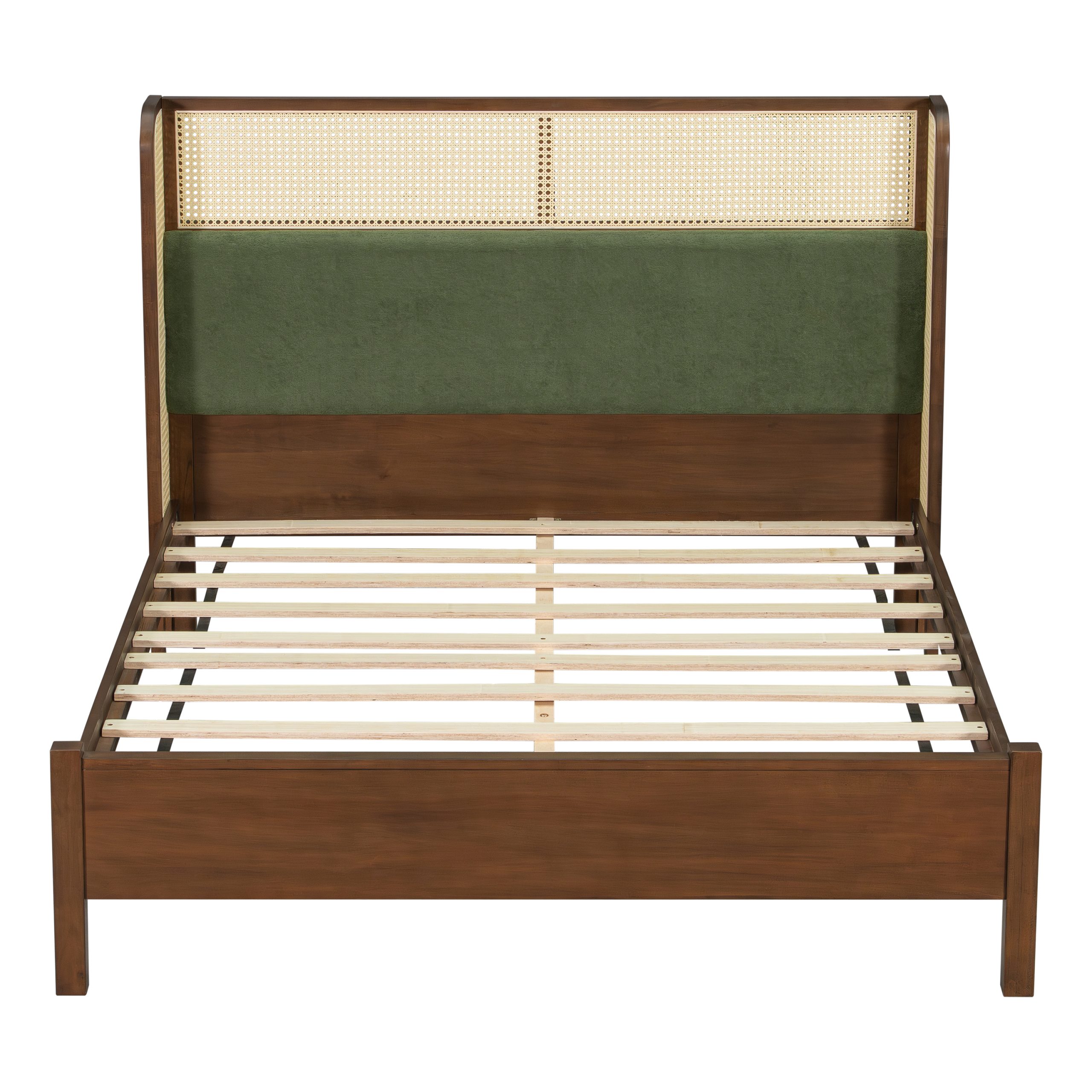 Queen Size Bed Frame with Green Headboard, Walnut with Green Solid Wood Bed, No Box Spring Required, Modern Bedroom Furniture - Image 5