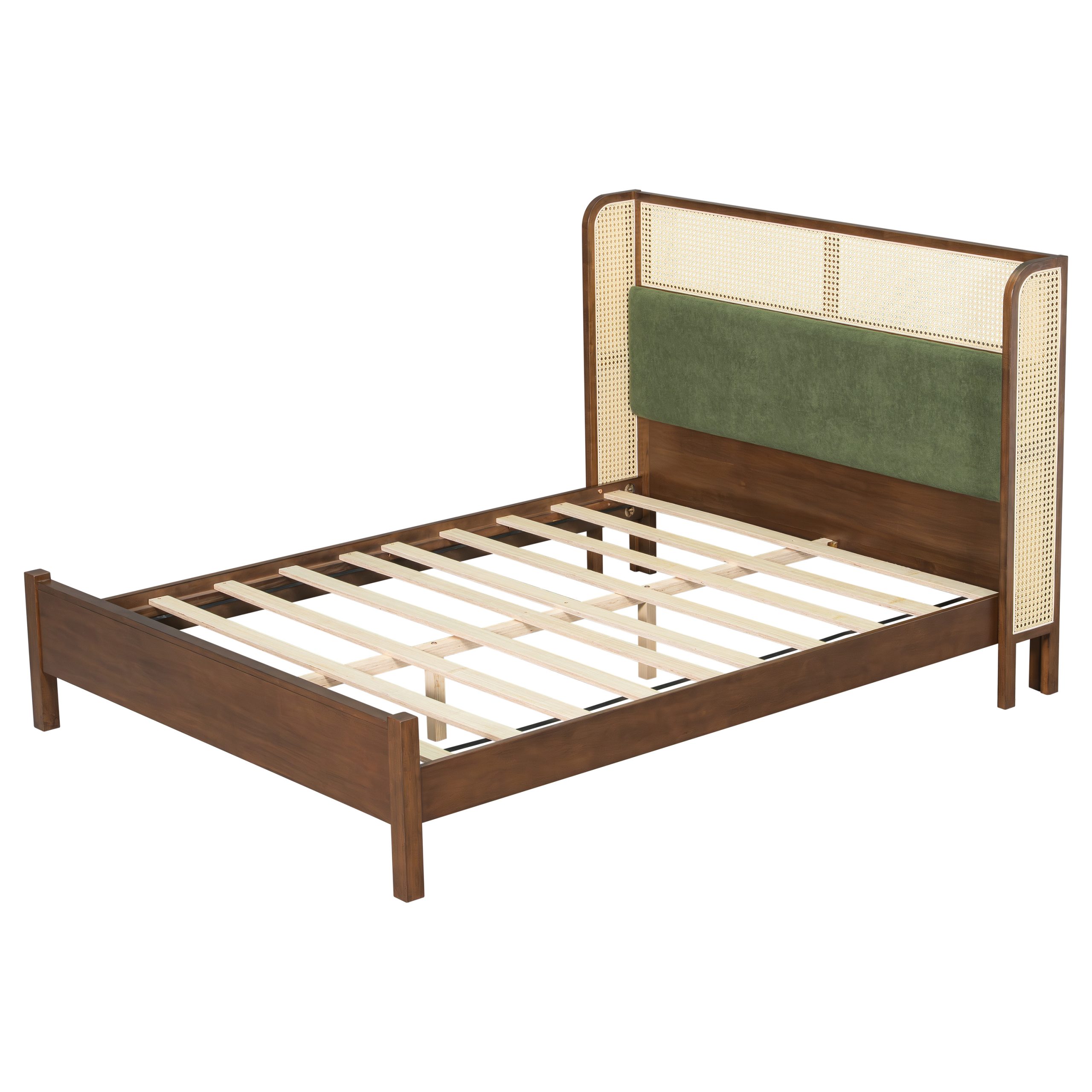 Queen Size Bed Frame with Green Headboard, Walnut with Green Solid Wood Bed, No Box Spring Required, Modern Bedroom Furniture - Image 6