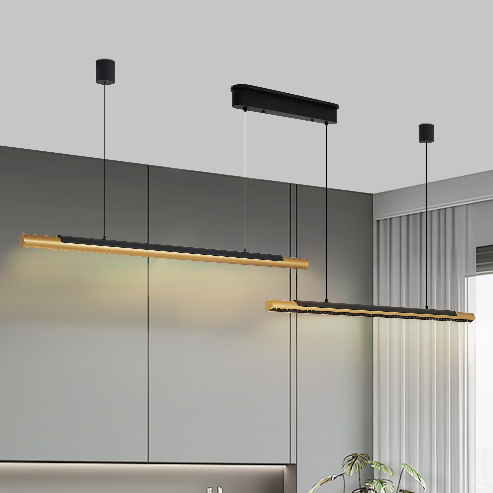 75-inch Modern Black and Gold LED Pendant Light, Adjustable Hanging Light for Dining Room, Kitchen, Living Room – Sleek Dual Tube Design - Image 3