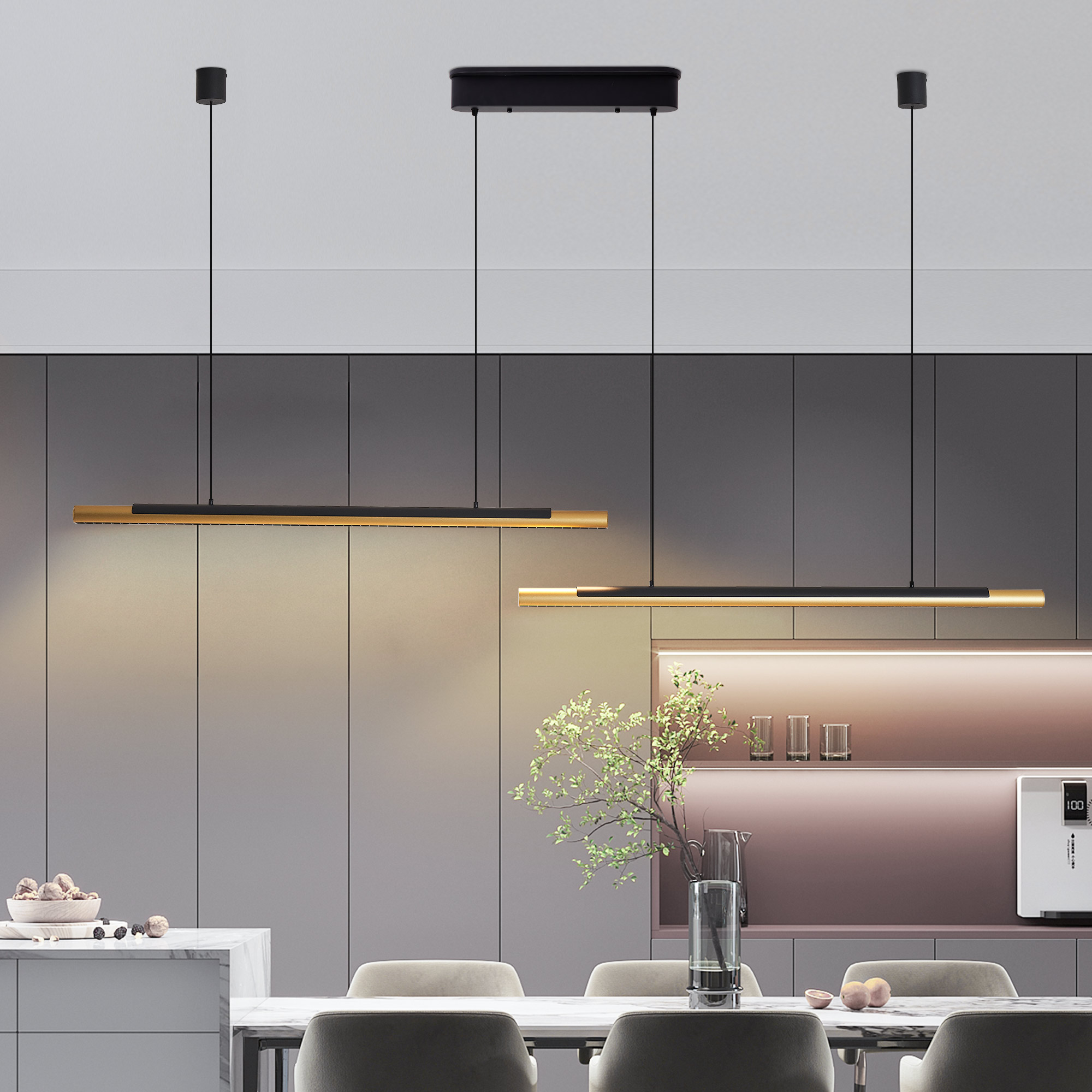 75-inch Modern Black and Gold LED Pendant Light, Adjustable Hanging Light for Dining Room, Kitchen, Living Room – Sleek Dual Tube Design - Image 5