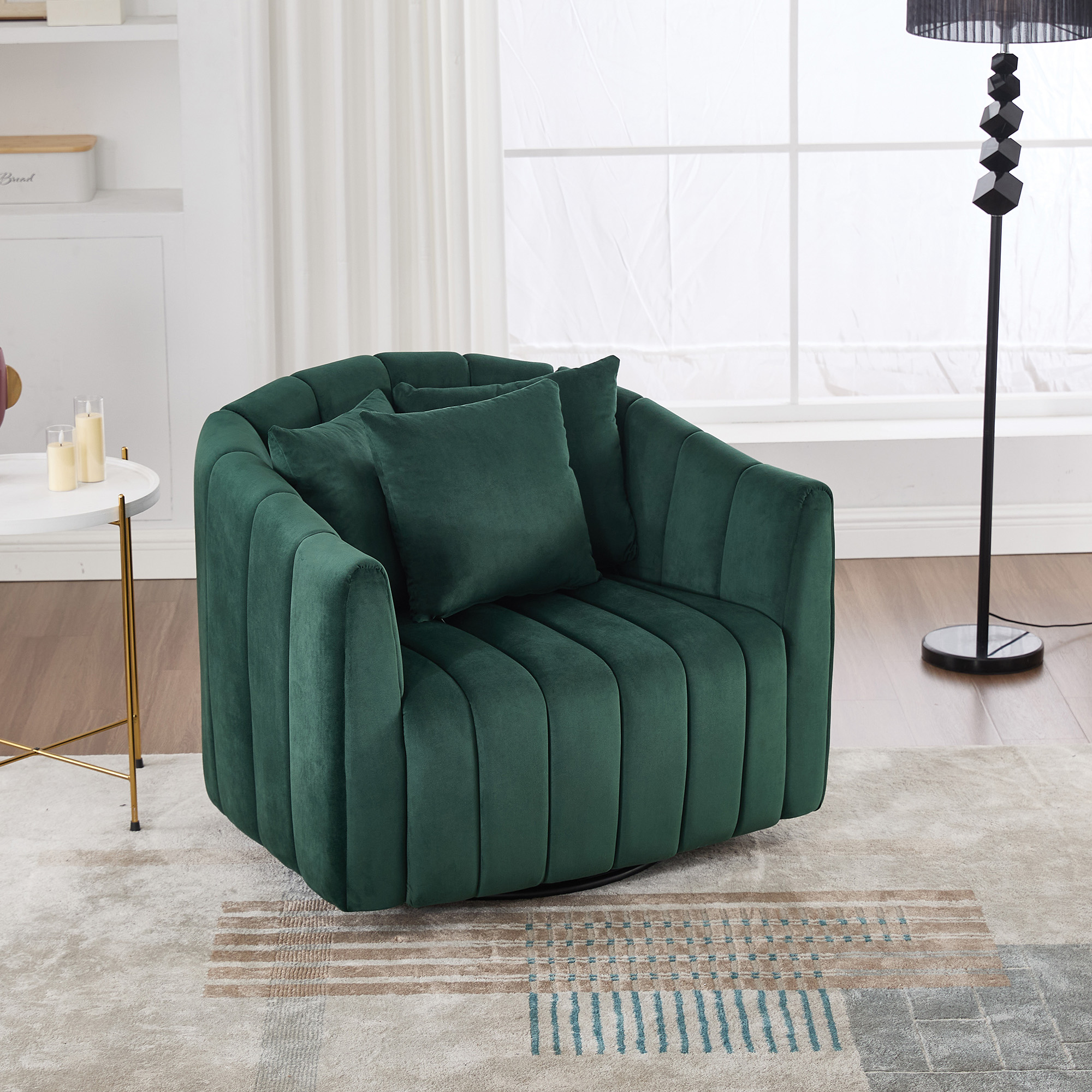 39"W Upholstered Oversized 360° Swivel Accent Barrel Chair and Half Cozy Sofa with 3 Pillows, Channel Tufted Pumpkin-Shape Club Armchair for Living Room, Bedroom, Office, Lounge, Velvet Green - Image 2