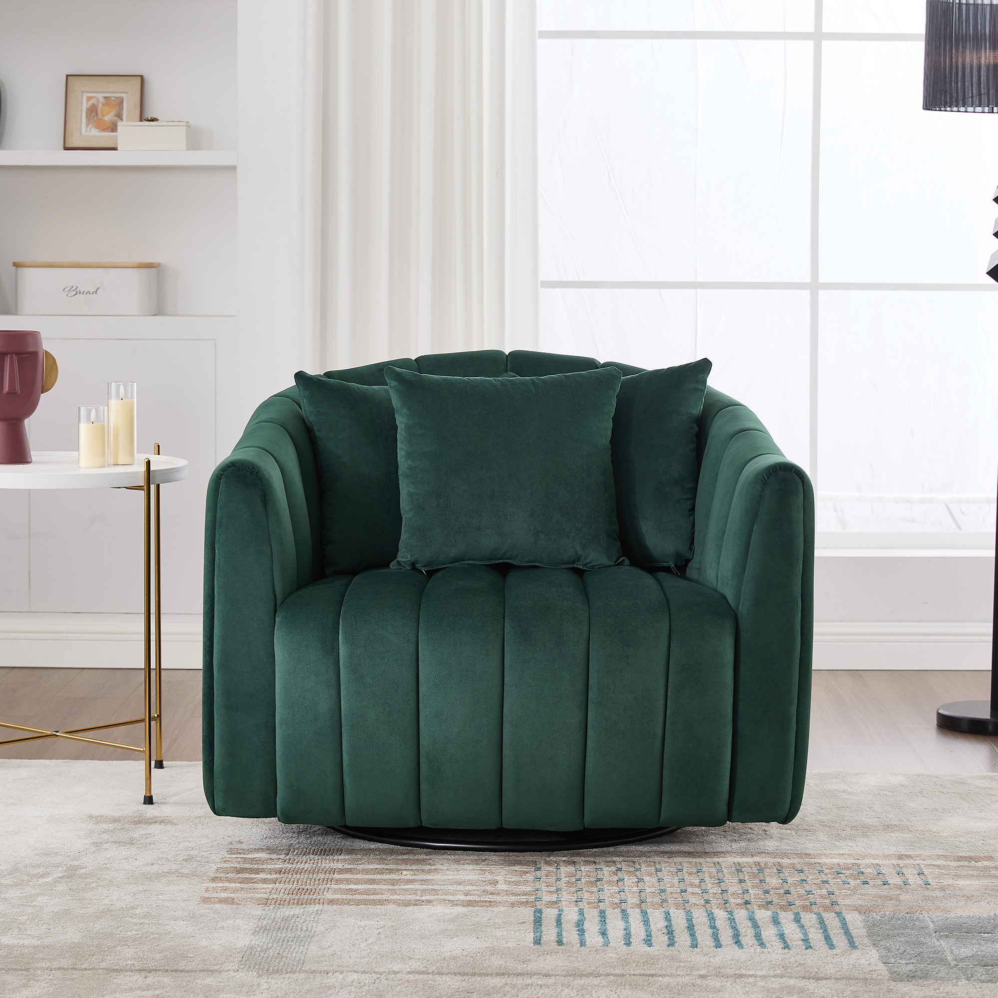 39"W Upholstered Oversized 360° Swivel Accent Barrel Chair and Half Cozy Sofa with 3 Pillows, Channel Tufted Pumpkin-Shape Club Armchair for Living Room, Bedroom, Office, Lounge, Velvet Green - Image 3