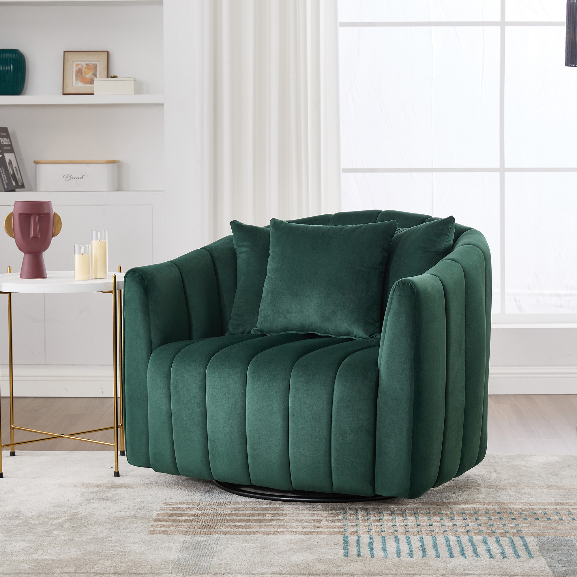 39"W Upholstered Oversized 360° Swivel Accent Barrel Chair and Half Cozy Sofa with 3 Pillows, Channel Tufted Pumpkin-Shape Club Armchair for Living Room, Bedroom, Office, Lounge, Velvet Green - Image 4