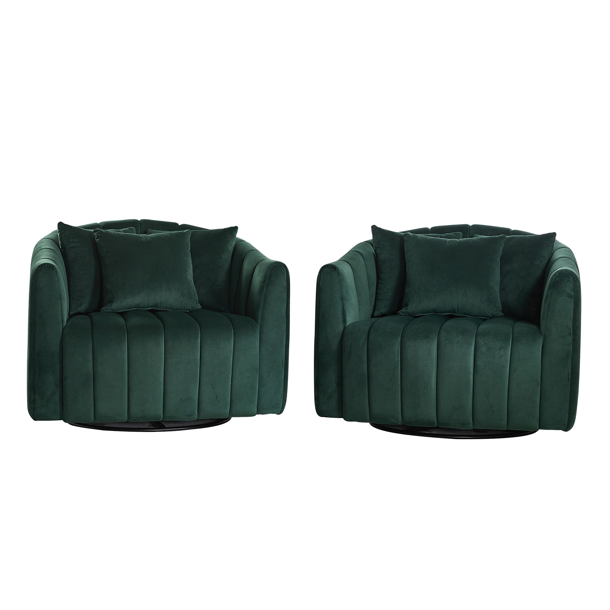 39"W Upholstered Oversized 360° Swivel Accent Barrel Chair and Half Cozy Sofa with 3 Pillows, Channel Tufted Pumpkin-Shape Club Armchair for Living Room, Bedroom, Office, Lounge, Velvet Green - Image 5