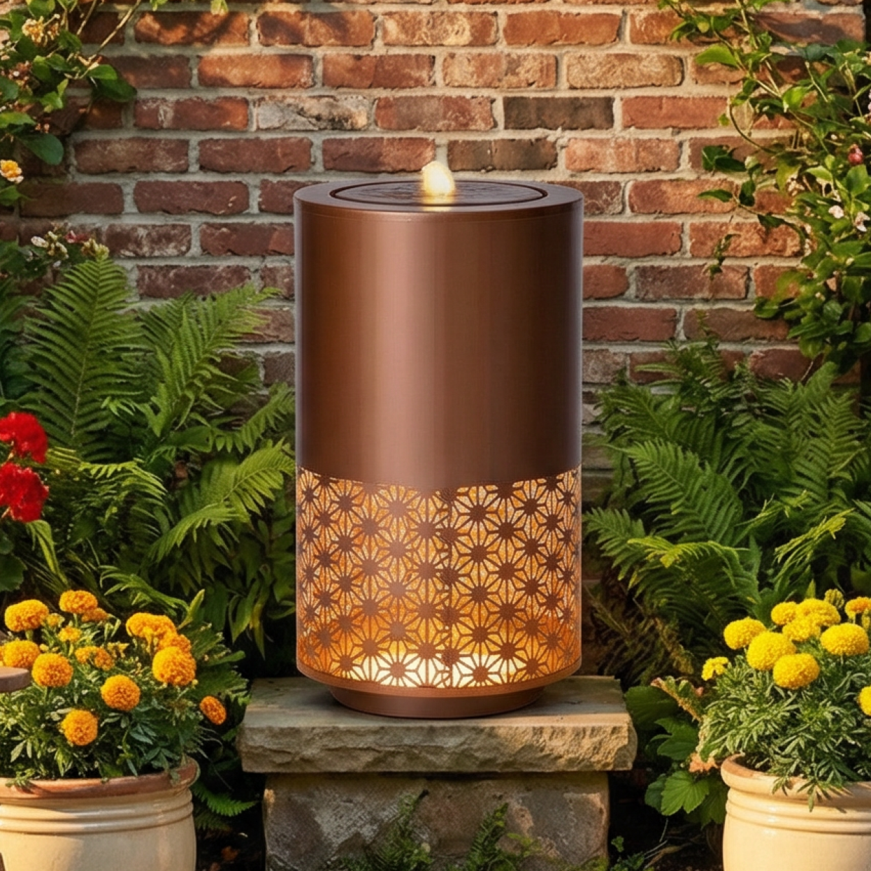 20.87"H Brown Metal Cutout Outdoor Water Fountain with LED Lights, Modern Freestanding Candle Style Water Feature for Patio Backyard Decor - Image 2