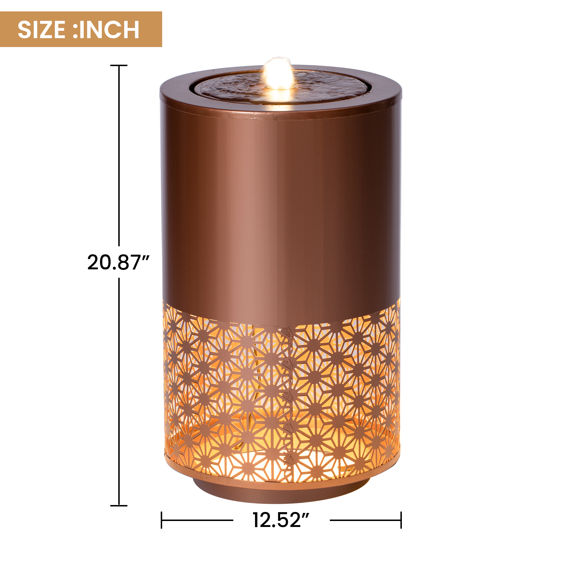 20.87"H Brown Metal Cutout Outdoor Water Fountain with LED Lights, Modern Freestanding Candle Style Water Feature for Patio Backyard Decor - Image 4