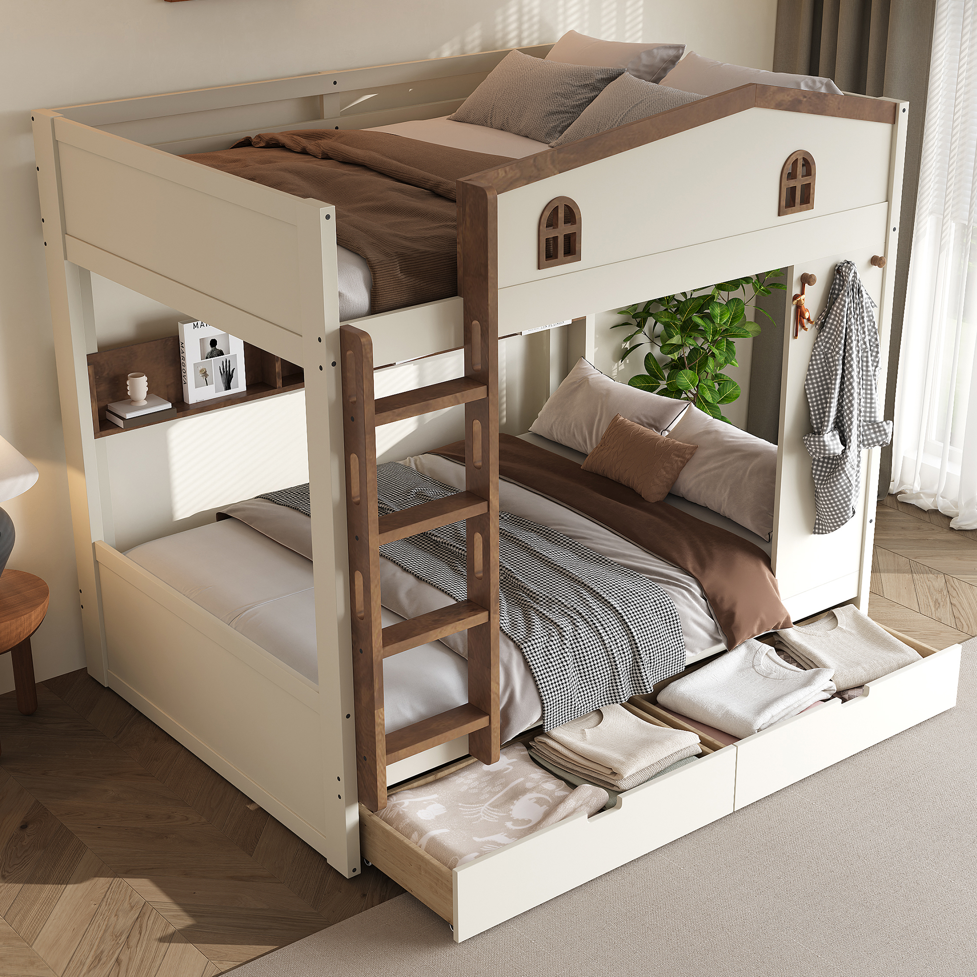Full over Full Bunk Bed with Storage Drawers and Shelves, Solid Wood Bunk Beds with hooks, No Box Spring Needed, Beige&Natural - Image 2
